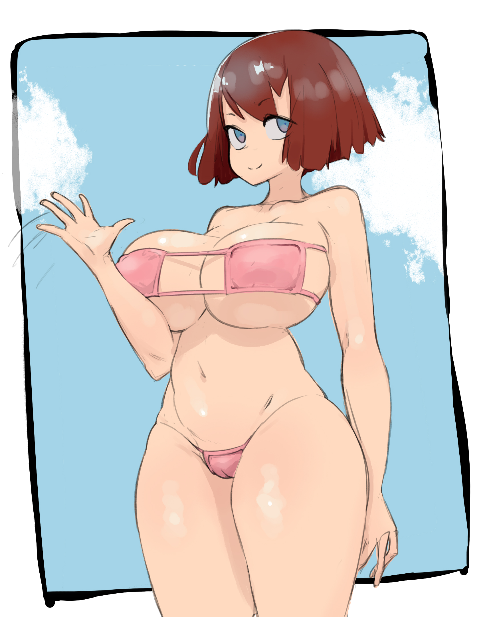 1girls, bikini, breasts, disney, eyepatch bikini, female, huge breasts, kairi, kingdom hearts, krid (artist), pink bikini, red hair, red-haired female, short hair, square enix, swimsuit, waving