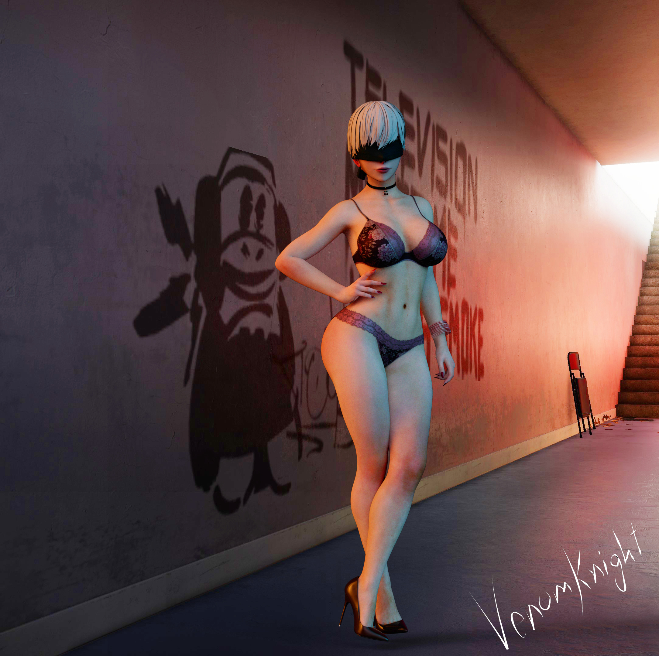1girls, 3d, big breasts, blindfold, breasts, female, female only, genderswap, genderswap (mtf), high heels, light skin, light-skinned female, male, male head/female body, nier, nier: automata, rule 63, solo, solo female, standing, venomkniight, white hair, yorha 9s