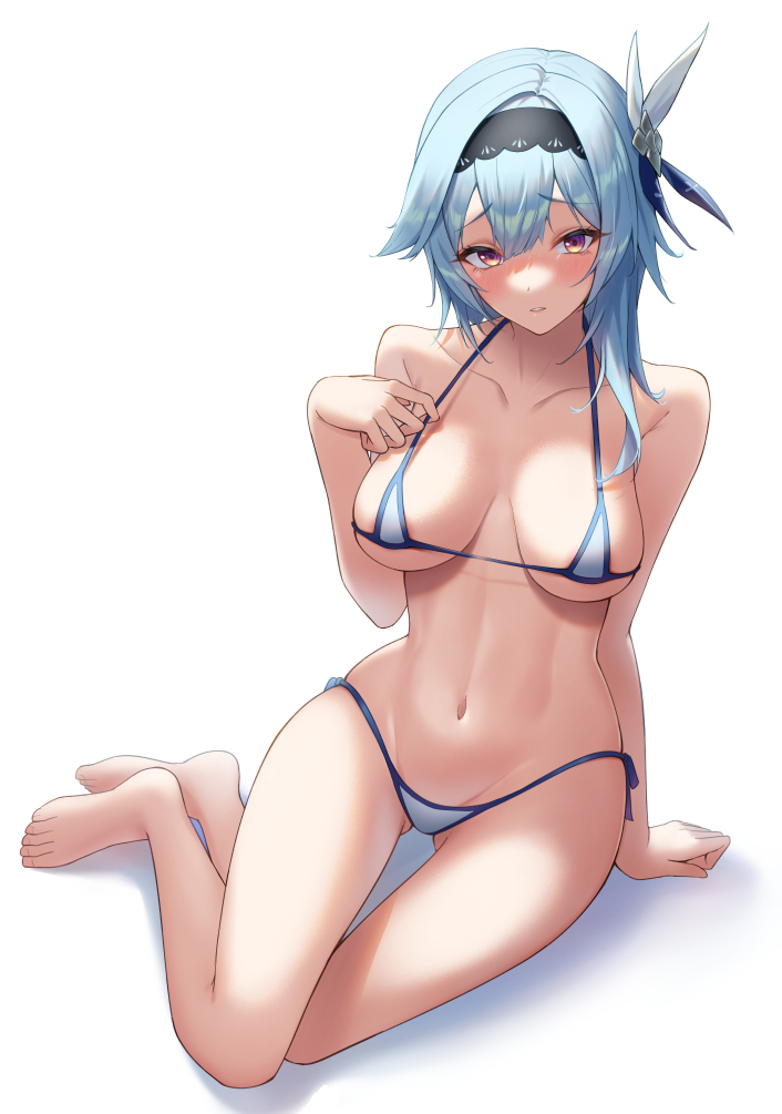 1girls, barefoot, bikini, blue hair, blush, breasts, eula (genshin impact), feet, female, genshin impact, gohei (aoi yuugure), human, micro bikini, underboob