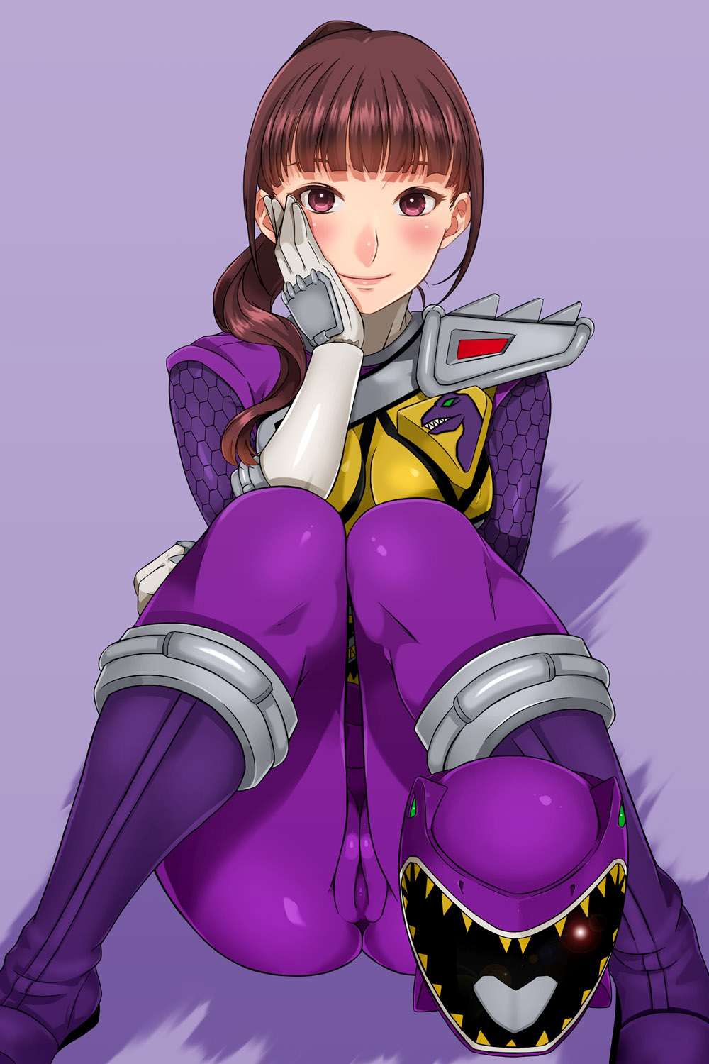 alluring ass blush bodysuit boots breasts brown_hair cameltoe cleft_of_venus eyebrows feet female full_body gloves head_rest helmet highres legs long_hair looking_at_viewer pink_eyes ponytail purple_footwear sakuradou shiny shiny_hair shoulder_pads simple_background sitting smile solo super_sentai thighs yayoi_ulshade zyuden_sentai_kyoryuger