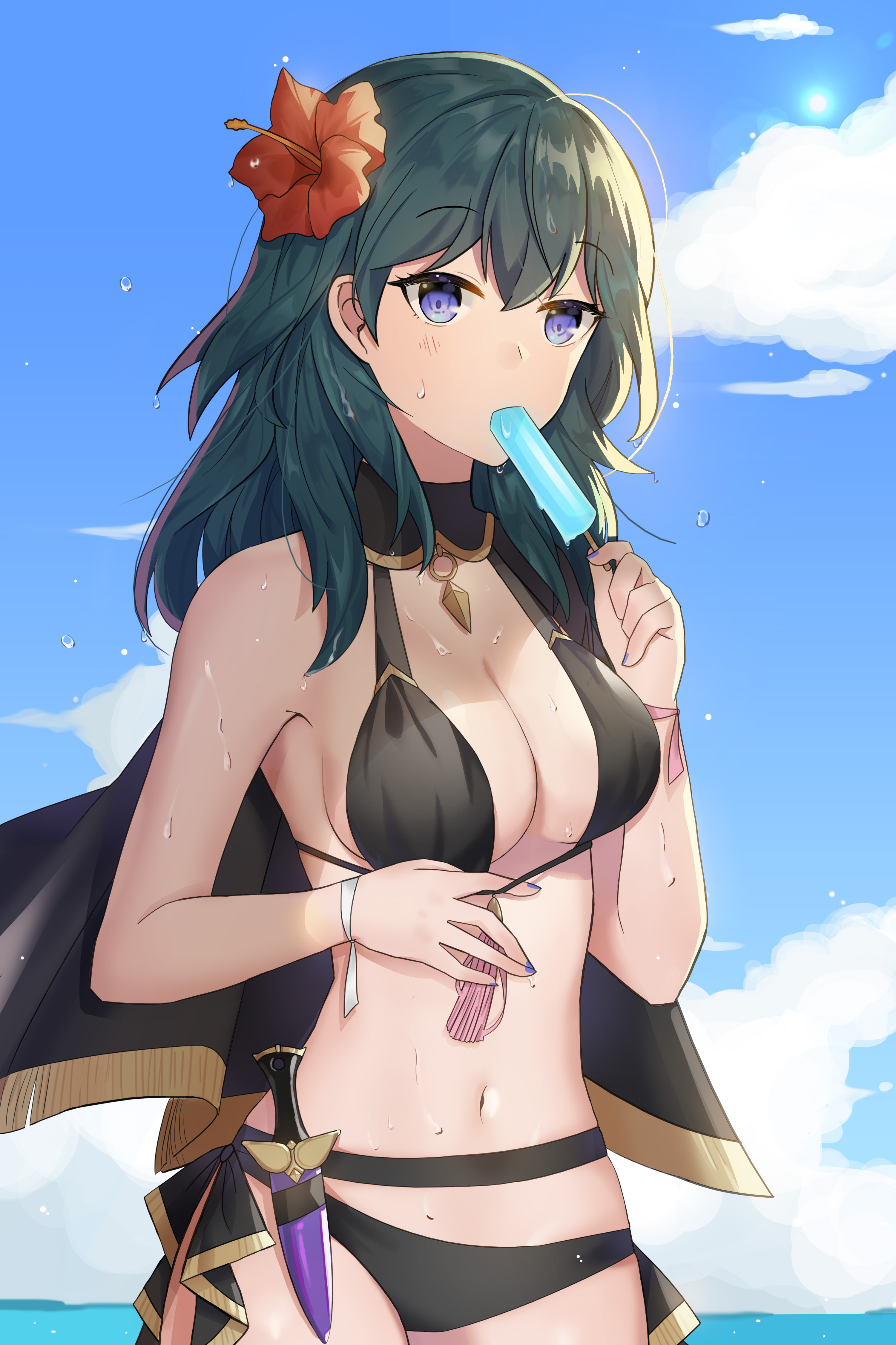 1girls, absurdres, alternate costume, bangs, bikini, black bikini, black swimsuit, blue eyes, blue hair, blue sky, breasts, byleth (fire emblem), byleth (fire emblem) (female), cleavage, cloud, coletta (colet colettia), dagger, day, female, fire emblem, fire emblem heroes, fire emblem: three houses, flower, food, hair flower, hair ornament, highres, holding, knife, nail polish, nintendo, official alternate costume, photoshop (medium), popsicle, sheath, sheathed, sky, solo, swimsuit, weapon