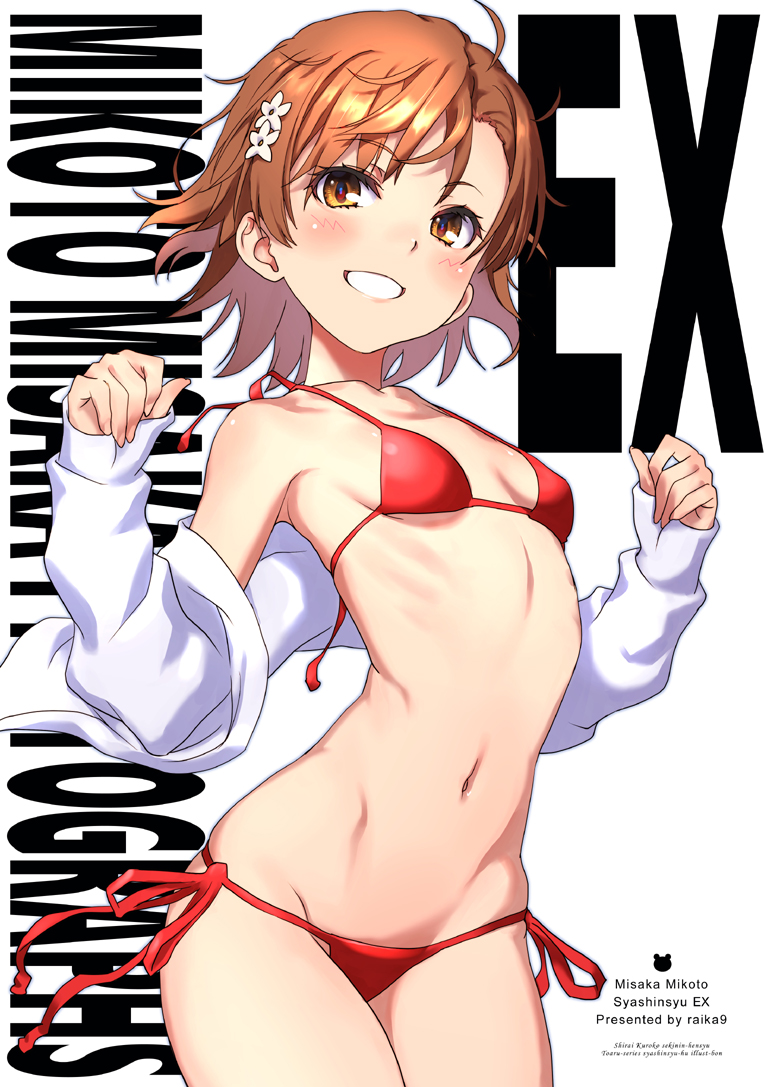 1girl, artist name, asymmetrical bangs, bikini, breasts, brown eyes, brown hair, character name, collarbone, comiket 108, commentary request, cover, cover page, cowboy shot, gekota, grin, hair ornament, hairclip, jacket, looking at viewer, misaka mikoto, navel, open clothes, open jacket, raika9, red bikini, short hair, side-tie bikini bottom, sleeves past wrists, small breasts, smile, solo, stomach, swimsuit, to aru kagaku no railgun, to aru majutsu no index, white jacket