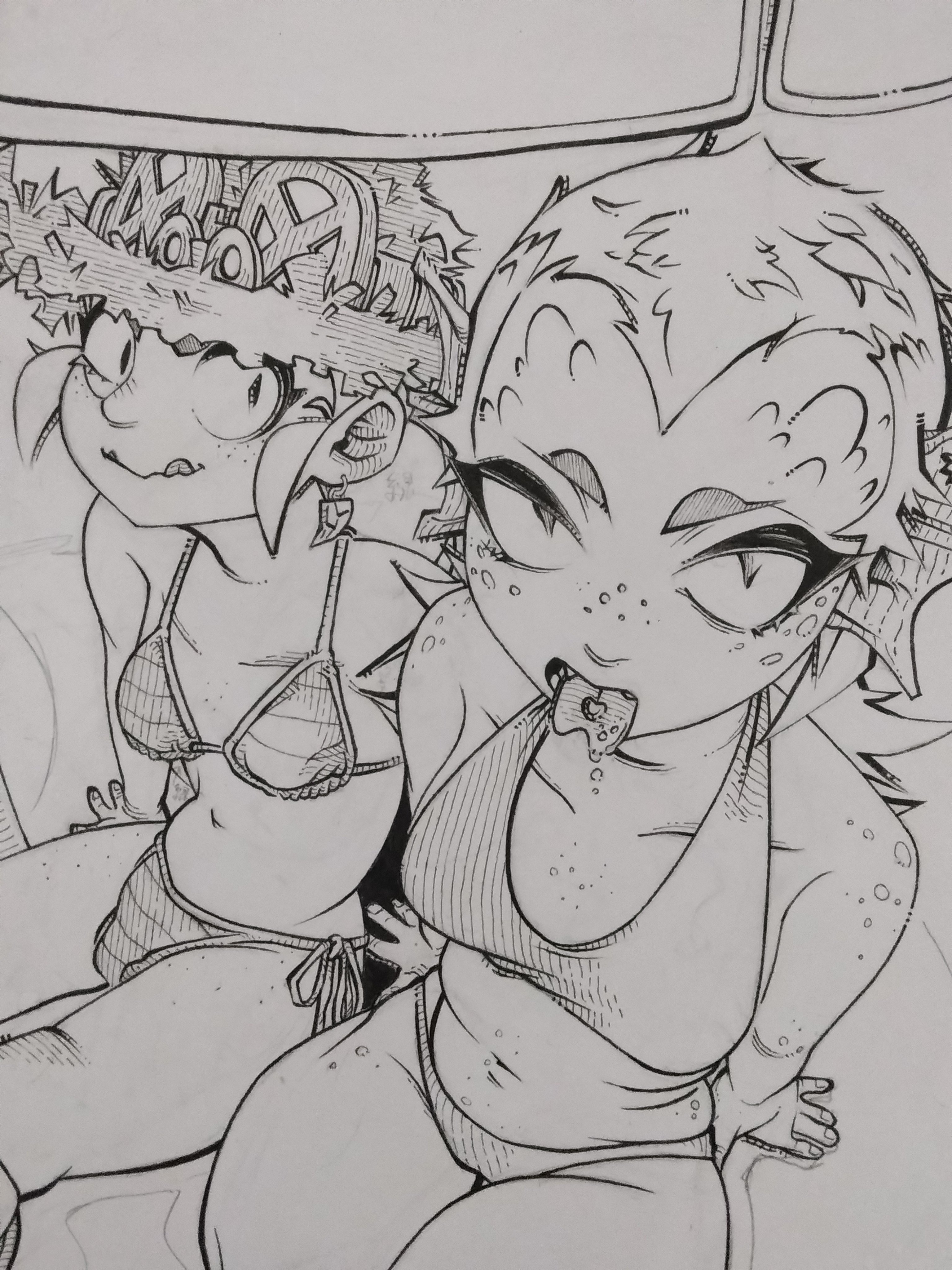 2girls, alli (brawl stars), bikini, brawl stars, breasts, cleavage, earrings, freckles, hat, headgear, looking at viewer, monster, monster girl, navel, open mouth, short hair, slim waist, tagme, thick thighs, tongue, tongue out, viewed from above, voluptuous, wide hips, willow (brawl stars)