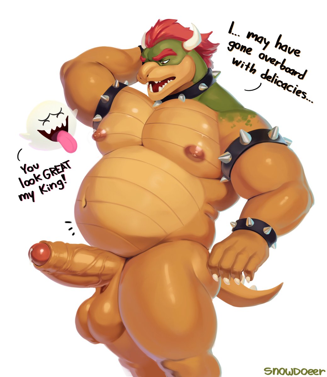 1boy, 2d, anthro, anthro male, balls, big balls, big pecs, big penis, boo (mario), bowser, circumcised, cock, english text, erection, fat, fat belly, fat male, furry, furry male, genitals, ghost, highres, jewelry, jewelry only, koopa, koopaling, male, male only, mario (series), naked, nintendo, nipples, no sex, non-human, nonhuman, nude, overweight, overweight male, pecs, penis, precum, precum drip, reptile, scalie, scalie male, simple background, snowdoeer, solo, solo male, speech bubble, standing, tail, talking, talking to another, text, thick thighs, thighs, turtle, twitter link, veiny penis
