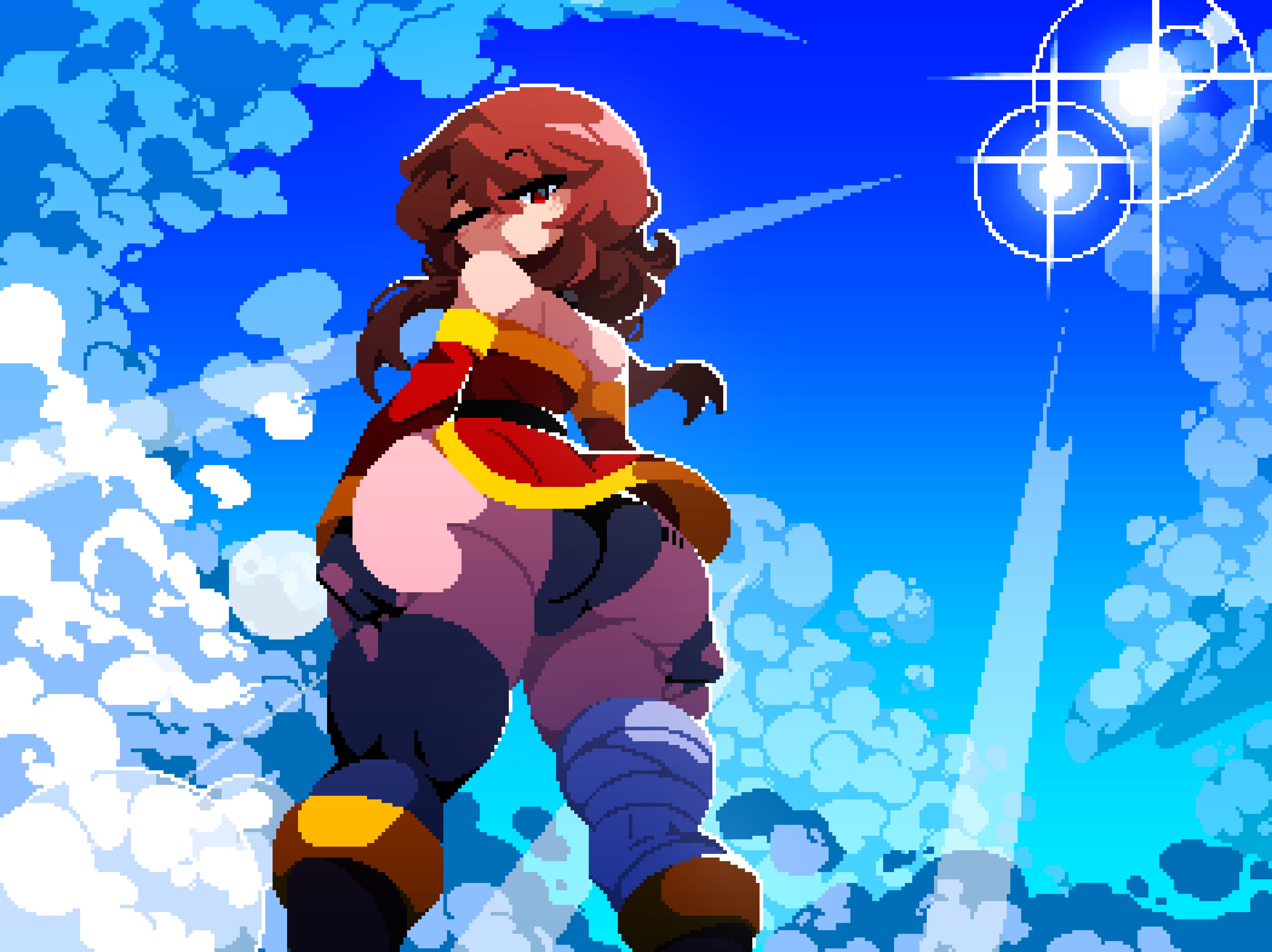 1girl, 1girls, 2d, 2d (artwork), alternate version available, ass, ass focus, ass support, back view, background sky, bandage, bandages, barcode, barcode on butt, big ass, big butt, blush, blush lines, blushing at viewer, blushing female, boots, brown hair, bubble ass, bubble butt, butt, butt focus, butt support, clothed, clothed female, clothing, cloud, clouds, curvaceous, curvaceous body, curvaceous female, curvaceous figure, curvy, curvy body, curvy female, curvy figure, curvy hips, detailed background, eyebrows, eyebrows visible through hair, female, female focus, female only, fully clothed, glistening hair, gloves, grabbing ass, grabbing own ass, hair, hands on ass, kono subarashii sekai ni shukufuku wo!, konosuba, large ass, large butt, legwear, light skin, light-skinned female, long hair, looking at viewer, megumin, one eye closed, panties, petite, petite body, petite female, pixel (artwork), pixel art, raised eyebrows, red clothing, red eyes, revealing clothes, revealing clothing, revealing outfit, sexy, sexy body, sexy female, sexy pose, shortstack, shoulders, sole female, solo, solo female, solo focus, tamaco, underwear, voluptuous, voluptuous body, voluptuous female