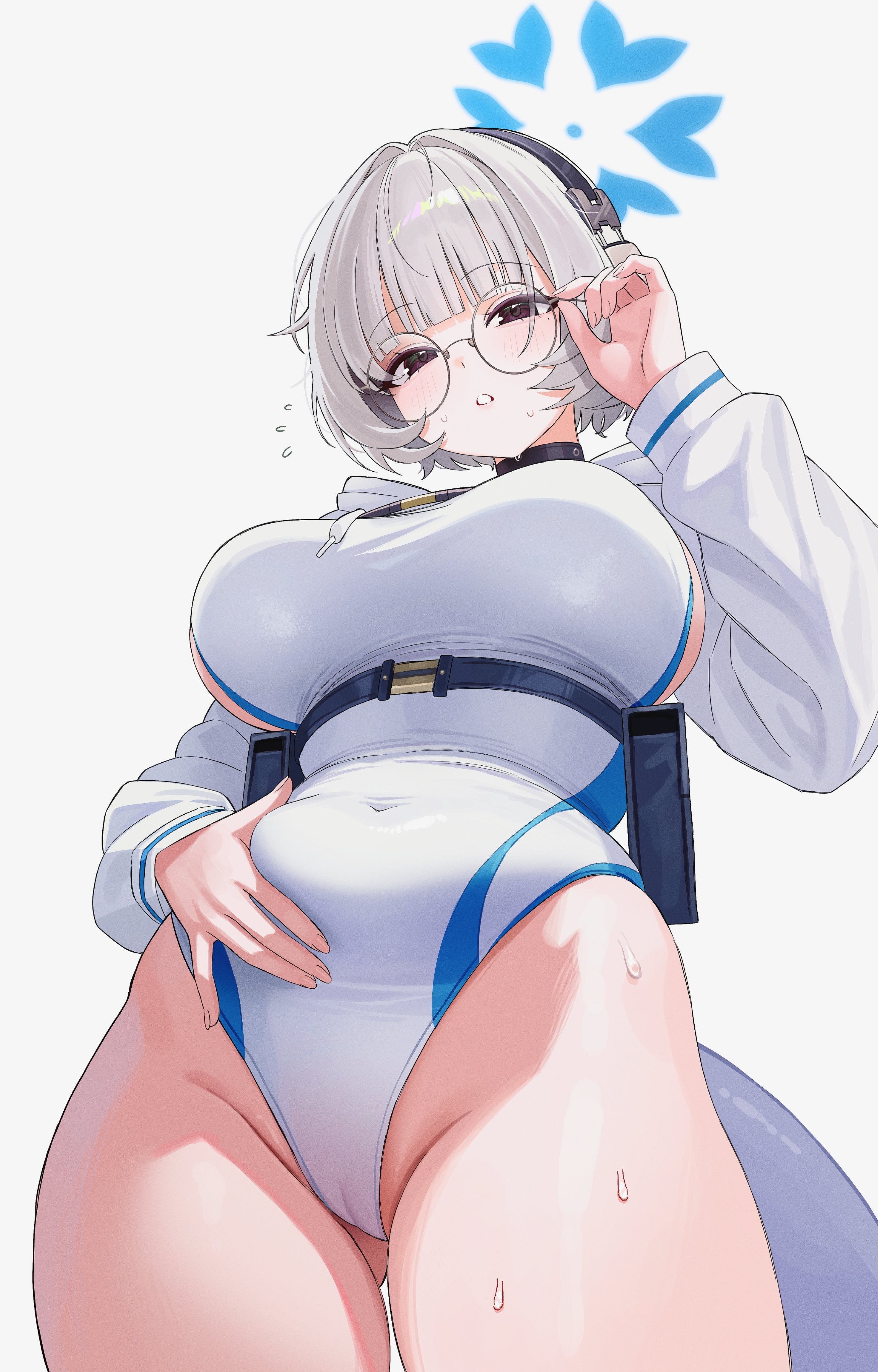 1girl, 1girls, bangs, blue archive, breasts, covered navel, eyebrows visible through hair, glasses, grey background, hand on hip, headphones, jacket, kotone (blue archive), large breasts, leotard, looking at viewer, short hair, silver hair, solo, swimsuit