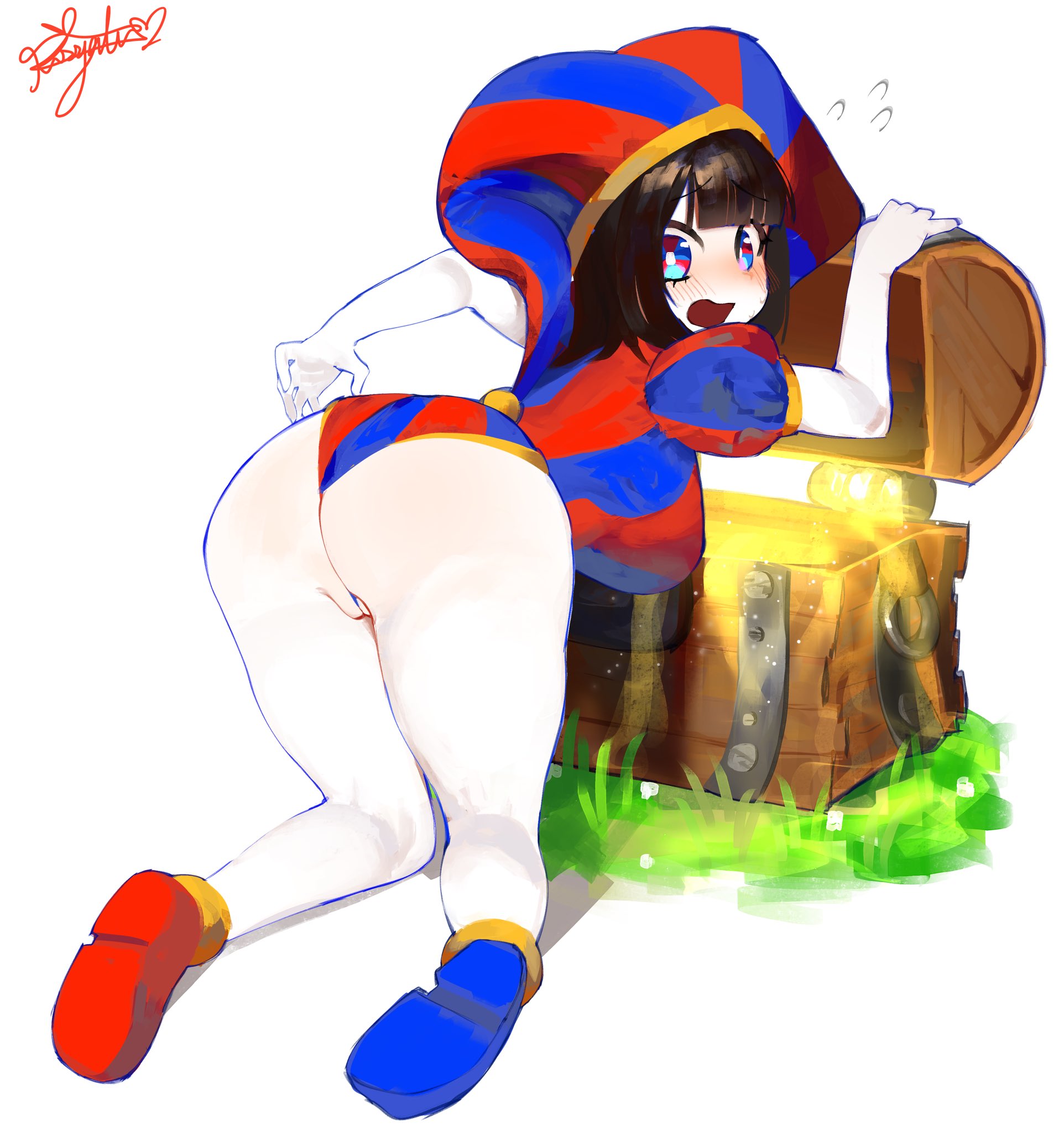 1girls, 2026, 2d, ass, bent over, blush, blushing, brown hair, embarrassed expression, female, female only, footwear, glitch productions, hair, jester, jester hat, jester outfit, pissgata, pomni (the amazing digital circus), shoes, solo, the amazing digital circus, white body