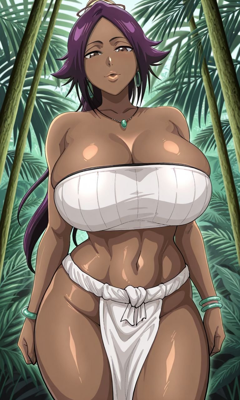 1girls, ai generated, big breasts, big thighs, bleach, bleach: the thousand-year blood war, crop top, curvy, curvy body, curvy female, curvy figure, curvy hips, curvy thighs, dark skin, dark-skinned female, female, female only, hips, huge breasts, jungle, kyoru189, large breasts, looking at viewer, looking down, looking down at viewer, mature female, midriff, seductive, seductive look, shihouin yoruichi, shiny, shiny skin, solo, solo female, thighs