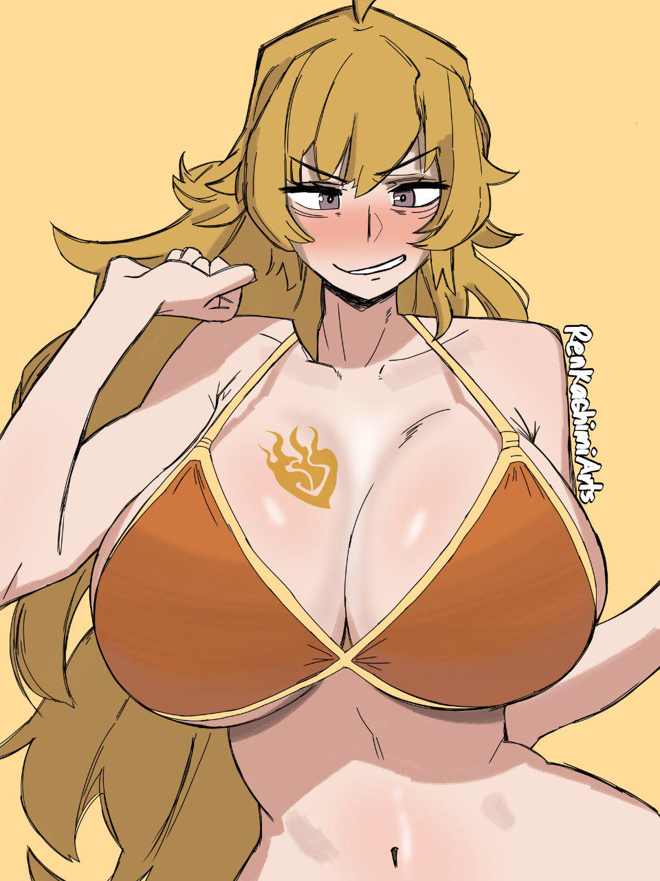 1girls, big breasts, bikini, blonde hair, busty, busty female, cleavage, insignia, large breasts, lilac eyes, massive breasts, mizutanich, navel, purple eyes, rwby, smile, tattoo, tattoo on breast, yang xiao long