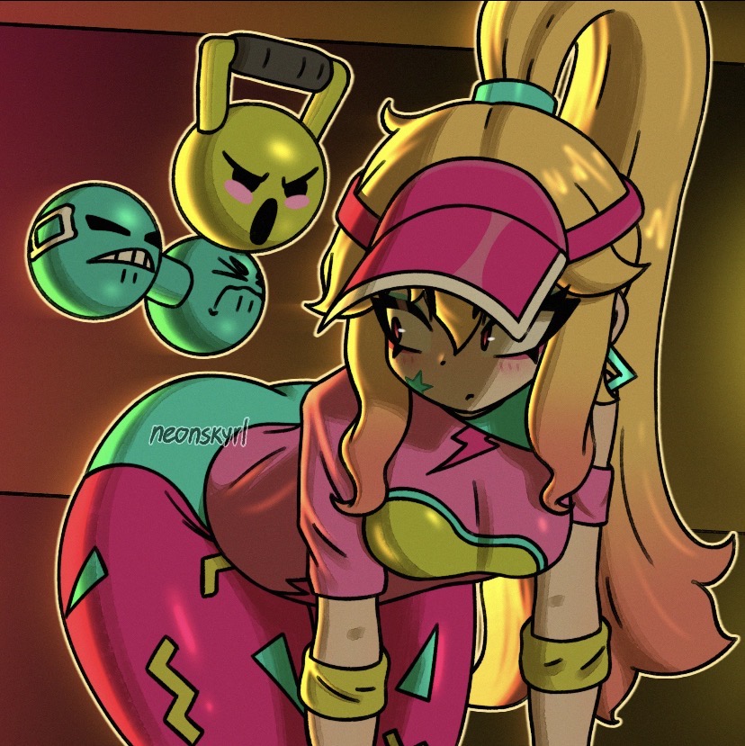 1girls, ass, bent over, brawl stars, breasts, color, colored, female, female focus, gradient hair, hair, light skin, light-skinned female, medium breasts, melodie (brawl stars), melodie note (brawl stars), neonskyrl, off shoulder, pattern clothing, pink eyes, ponytail, pump it melodie (brawl stars), solo, solo focus, sportswear, supercell, visor, yellow hair