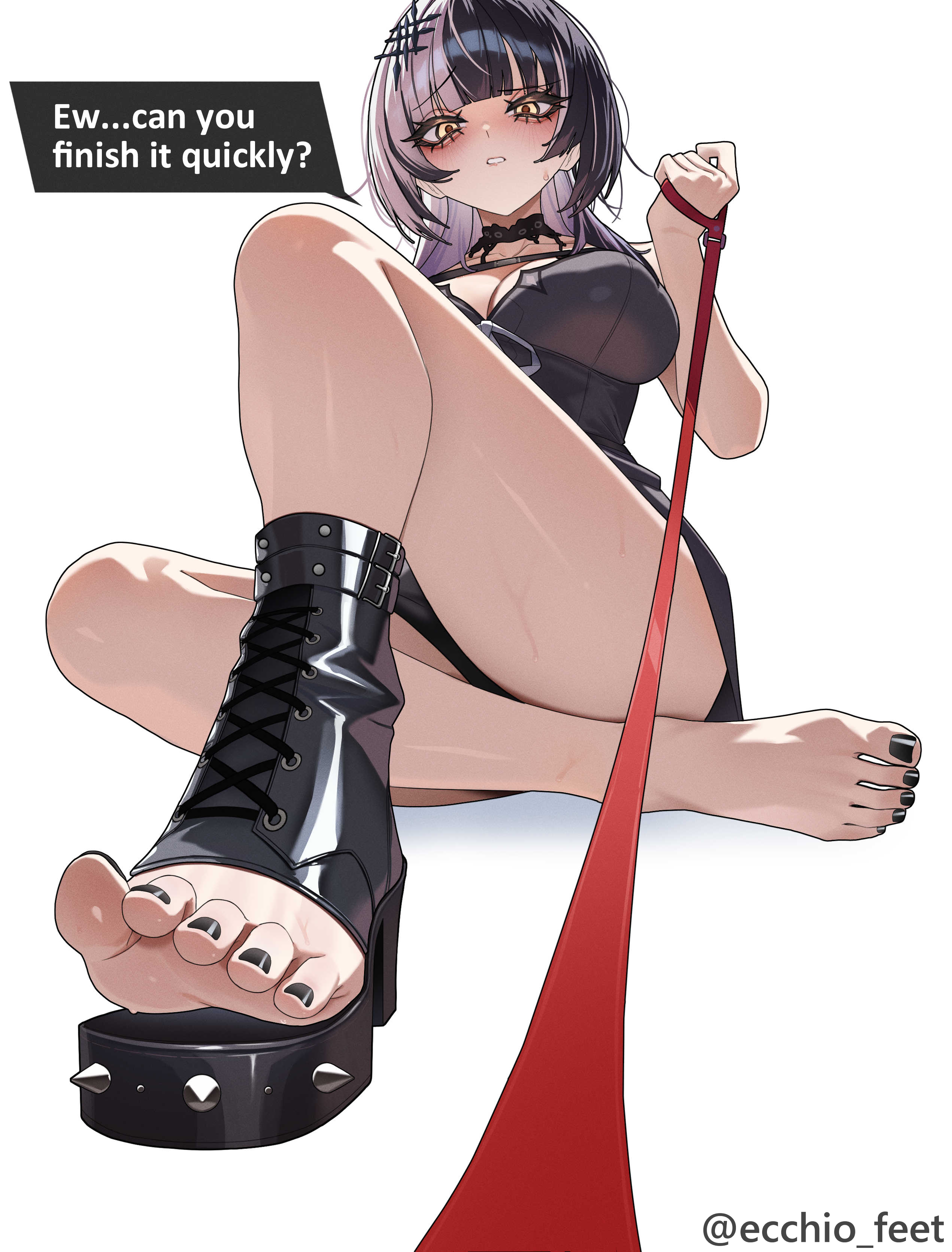 1girl, absurdres, barefoot, black hair, blush, ecchi-o, feet, highres, hololive, hololive english, large breasts, leash, long hair, looking at viewer, multicolored hair, open-toe shoes, parted lips, pov, shiori novella, shoes, single shoe, soles, sweat, toes, two-tone hair, virtual youtuber, white hair, yellow eyes