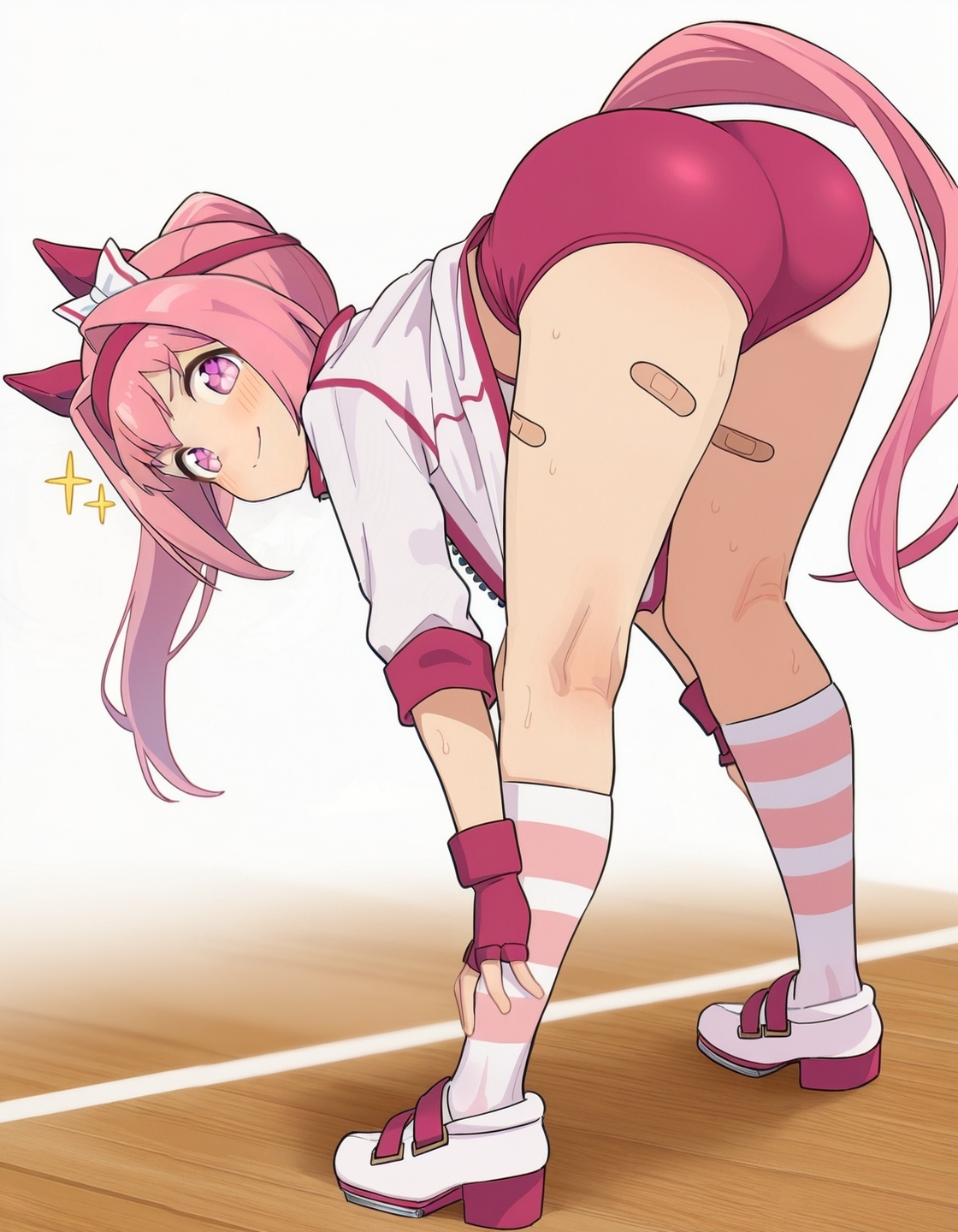 1girl, ai generated, animal ears, ass, bandaid, bandaid on leg, bangs, bent over, blush, buruma, eyebrows visible through hair, fingerless gloves, from behind, gloves, hairband, haru urara (umamusume), horse ears, horse girl, long hair, looking at viewer, looking back, pink eyes, pink hair, red buruma, shirt, shoes, short sleeves, smile, socks, solo, sparkle, standing, striped, striped legwear, sweat, twintails, umamusume, uwabaki, white legwear, white shirt