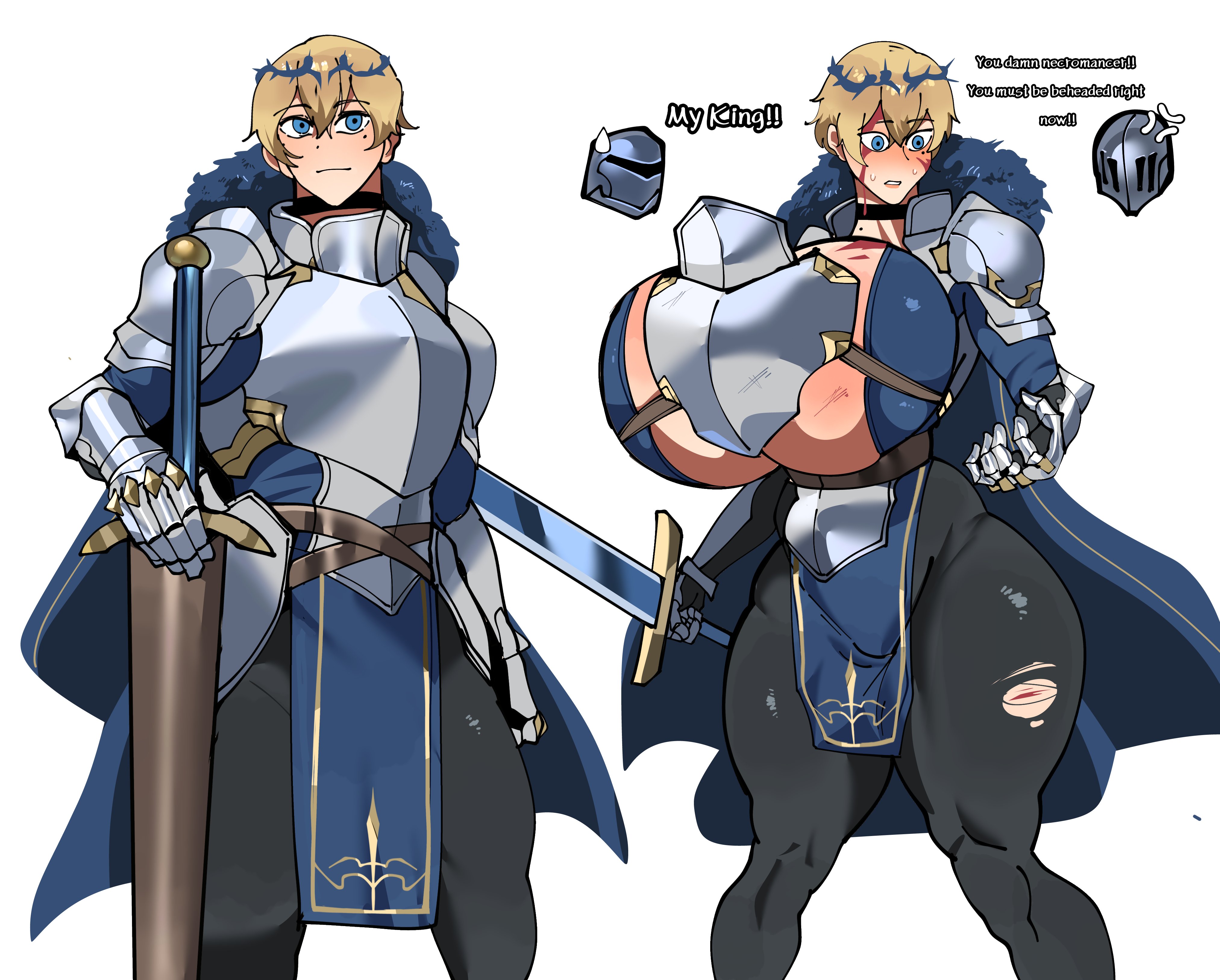 1girls, 3boys, armor, armored female, big breasts, breast expansion, breasts, busty, choker, curse, cursed, curvy, curvy figure, dialogue, enormous breasts, female, female focus, giant breasts, gigantic breasts, ginormous breasts, huge breasts, huge thighs, hyper breasts, king, knight, knight armor, large breasts, massive breasts, oc, original character, plump thighs, ripped clothing, rule 63, shinhyunxi, text, thick thighs, thighs, thunder thighs, torn clothes, transformation, voluptuous, voluptuous female
