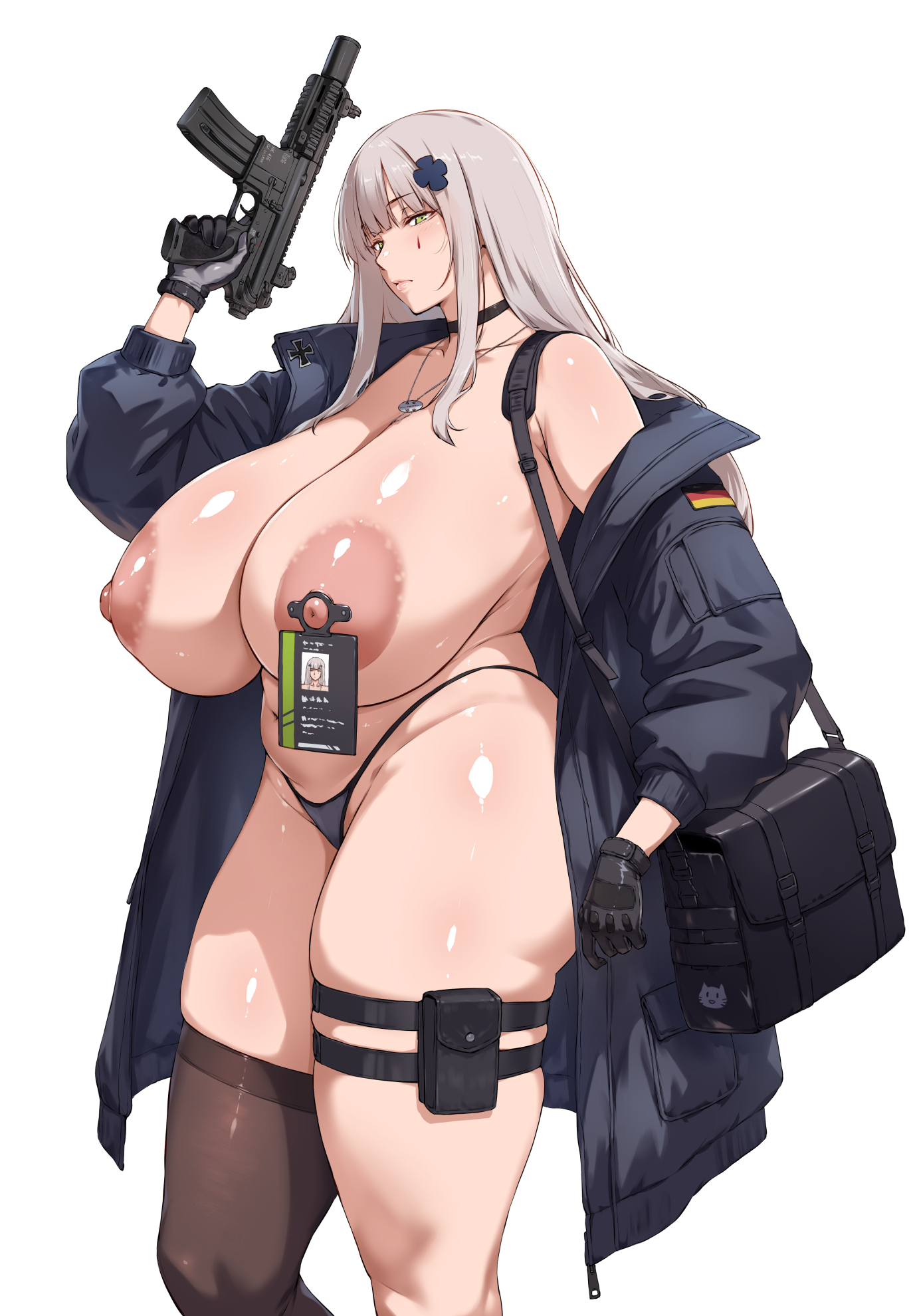bare shoulders, black panties, brown legwear, choker, curvy, female, female only, girls' frontline, hk416 (girls' frontline), huge breasts, jacket, looking at viewer, nipples, simple background, single thighhigh, thick, thick thighs, topless, white background, white hair, yellow eyes, yui.h