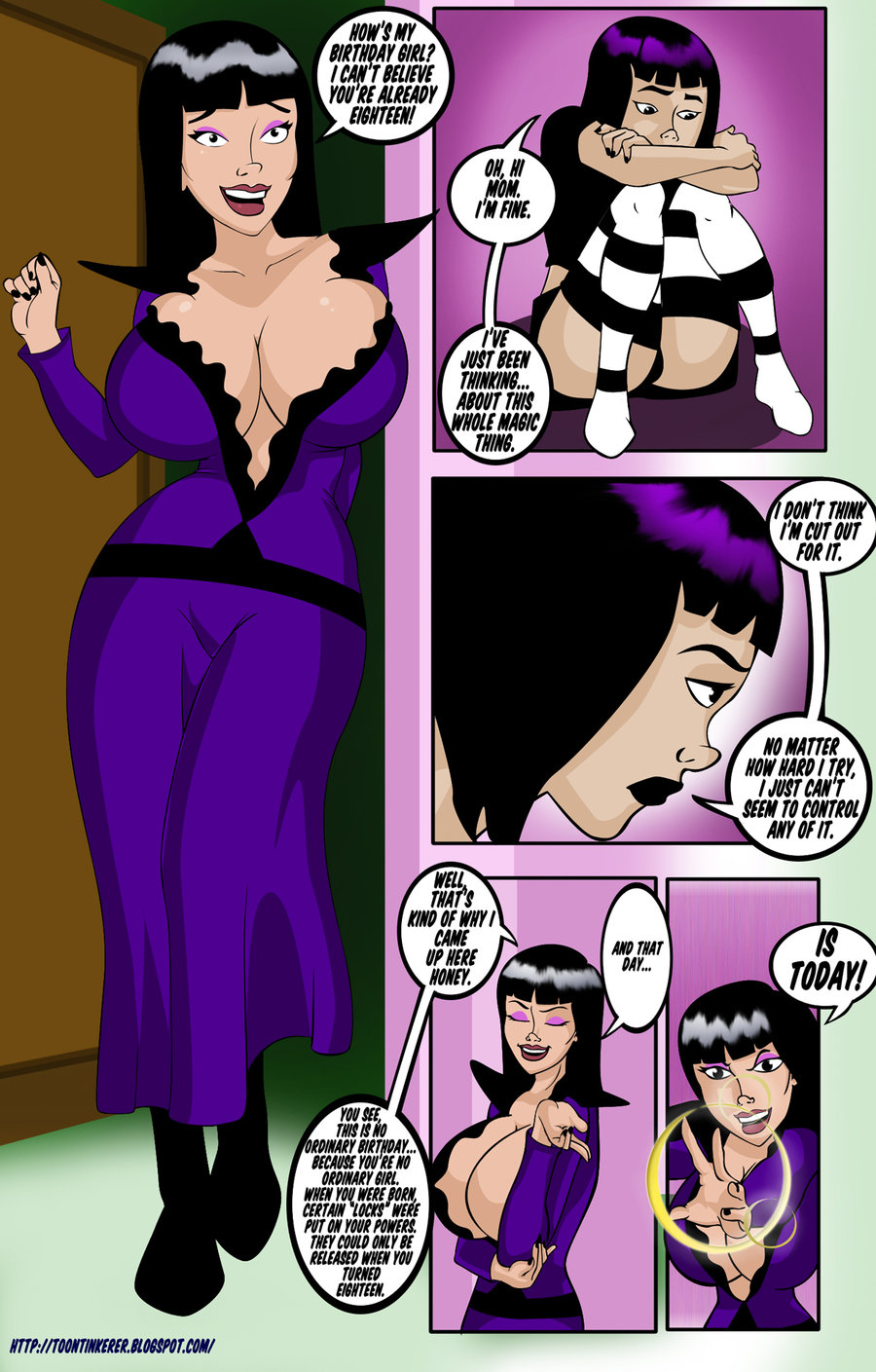 2girls adult_swim big_breasts black_hair breasts cleavage clothed comic comic_page daughter english_dialogue english_text female female_only goth milf mother mother_and_daughter purple_eyeshadow speech_bubble standing stockings tatyana_orpheus the_venture_bros the_venture_bros. thigh_highs toontinkerer triana_orpheus venture_brothers