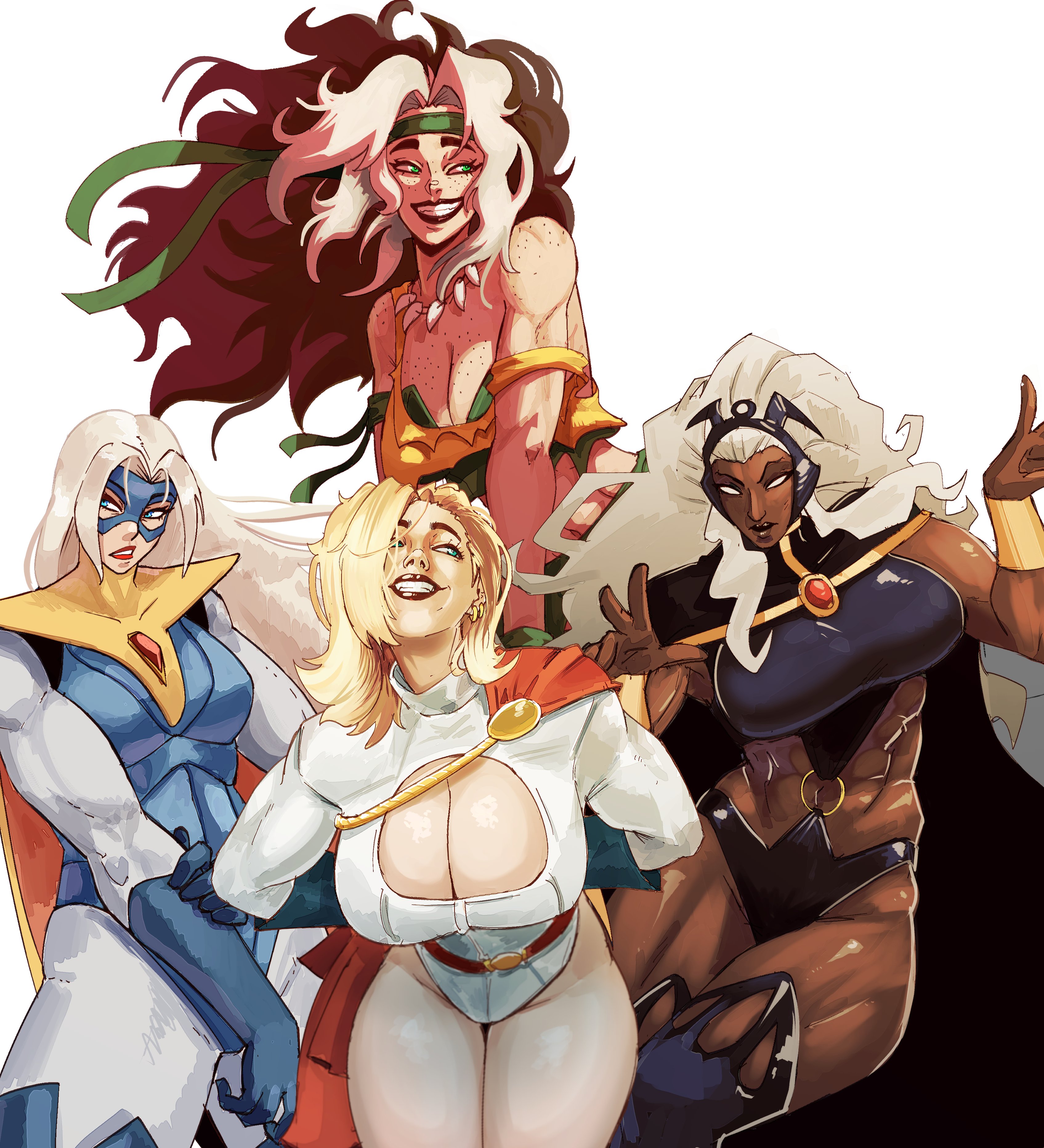 2d, 4girls, blonde blazer, blonde hair, blue gloves, blue mask, body freckles, brown hair, cleavage, cleavage cutout, clothed, cupperexe, dc comics, dispatch, eye mask, fully clothed, green eyes, grin, hair over one eye, large breasts, leotard over bodysuit, lips, long hair, marvel, marvel comics, power girl, power girl (1976 costume), red cape, red lips, rogue (x-men), simple background, smile, storm (x-men), superhero costume, superman (series), white hair, x-men, yellow cape
