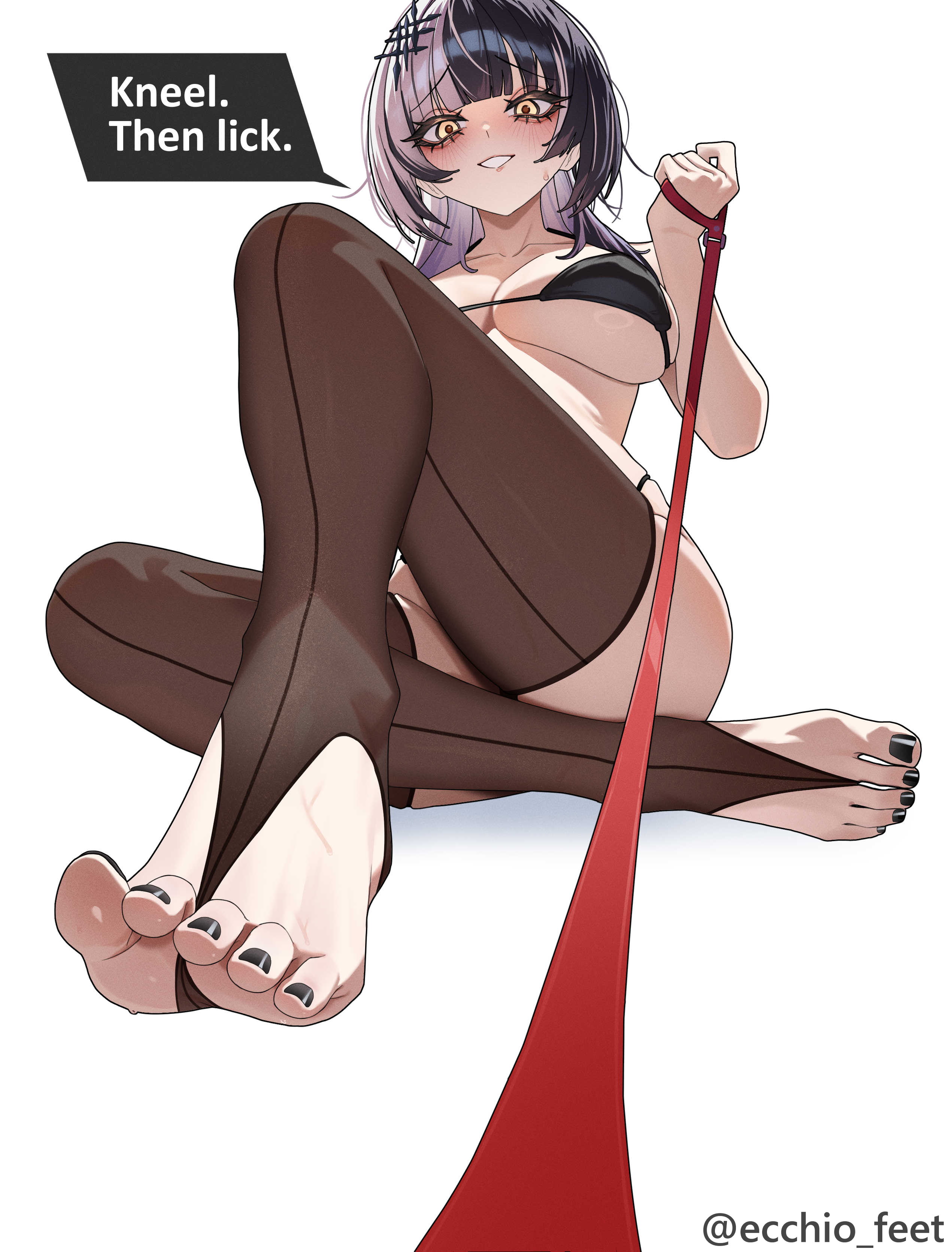 1girl, absurdres, barefoot, bikini, black hair, blush, ecchi-o, feet, highres, hololive, hololive english, large breasts, leash, long hair, looking at viewer, multicolored hair, parted lips, pov, shiori novella, soles, sweat, thighhighs, toes, two-tone hair, virtual youtuber, white hair, yellow eyes