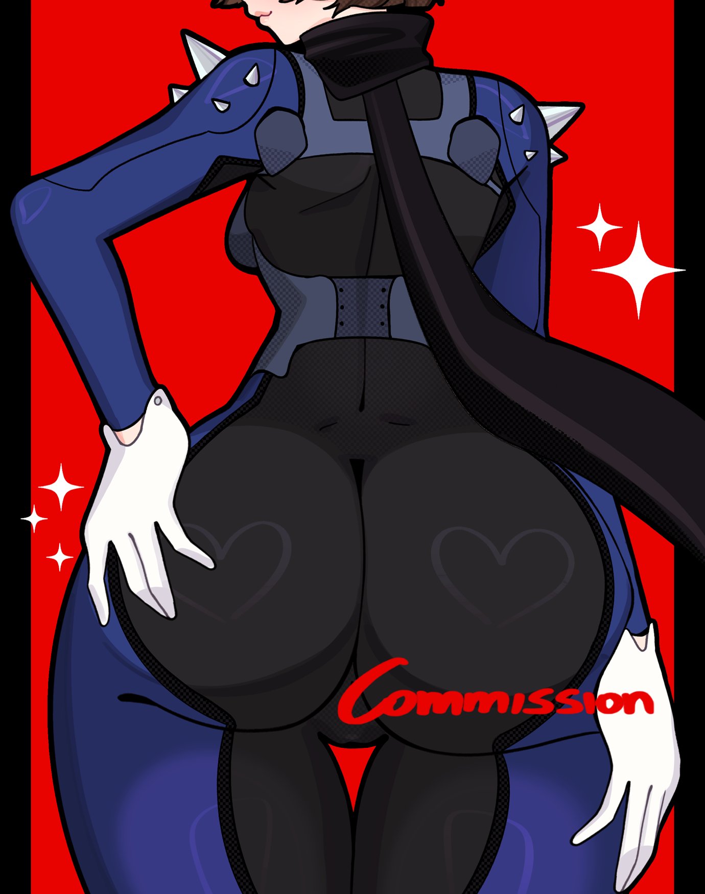 1girls, 2d, ass, atlus, back view, bodysuit, bottom heavy, brown hair, clothed, clothed female, female, female only, light skin, light-skinned female, makoto niijima, makoto niijima (queen), persona, persona 5, phantom thief suit, red background, skintight, skintight bodysuit, solo, solo female, tagme, thick thighs, thigh gap, thighs