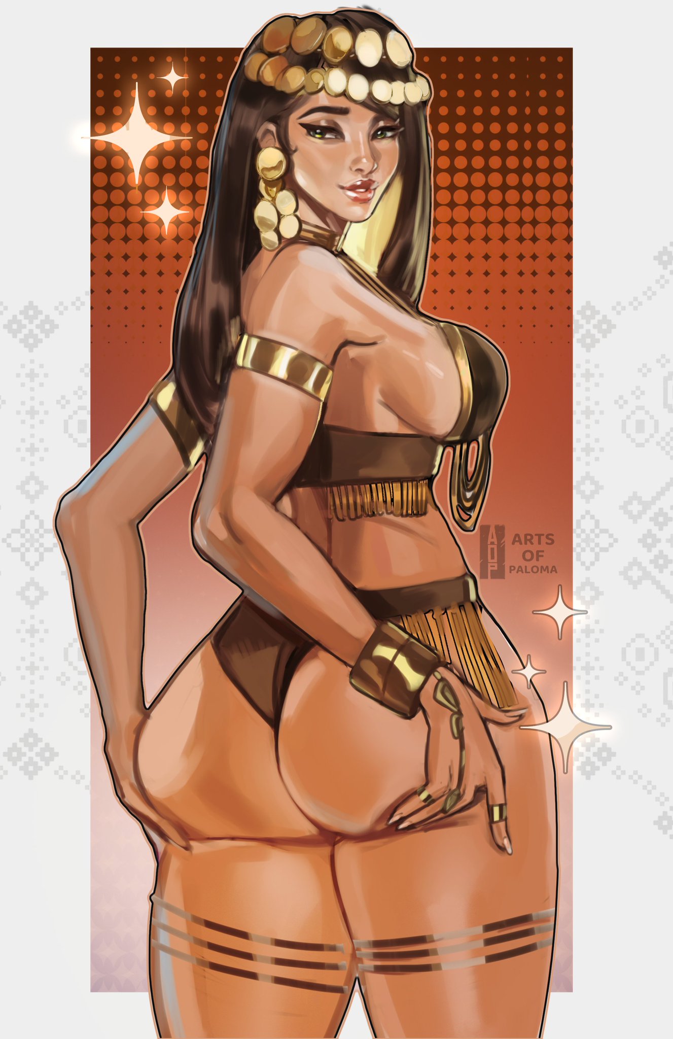 1girls, artist name, arts of paloma, ass, ass focus, back view, big ass, big breasts, breasts, brown hair, brown skin, brown skinned female, commission, dark skin, dark-skinned female, female, female artist, female only, large breasts, looking at viewer, looking back, looking back at viewer, nice ass, no sex, plump ass, rear view, sideboob, solo, solo female, tan skin, tan skinned female, twitter link