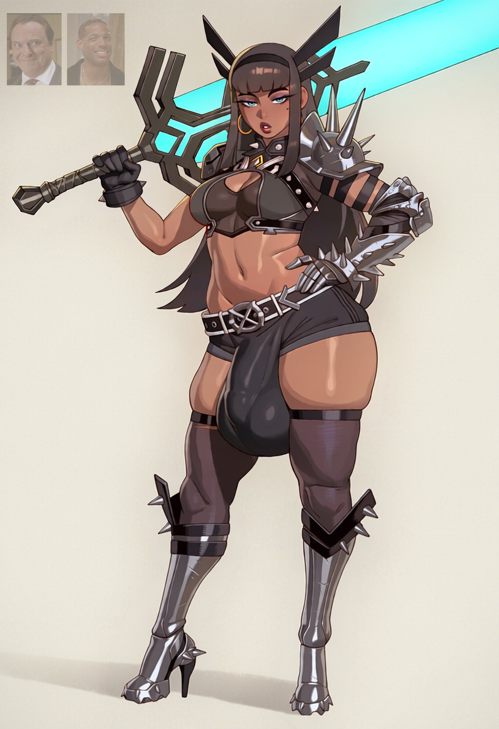 1futa, 2026, ai generated, arm up, armor, armored futa, big balls, big breasts, big penis, black hair, blue eyes, bulge, bulge through clothing, bulge under clothes, casual, casual exposure, child bearing hips, cleavage, crown, dark skin, dark-skinned futa, earrings, flaccid, flaccid penis, futa only, futanari, hair ornament, hand on hip, huge balls, huge breasts, huge cock, hung futa, imminent rape, imminent sex, looking at viewer, magik (illyana rasputin), magik (marvel rivals), marvel, marvel comics, marvel rivals, muscular, muscular futa, noonyx, posing, sword, thick thighs, thunder thighs, unaware, x-men