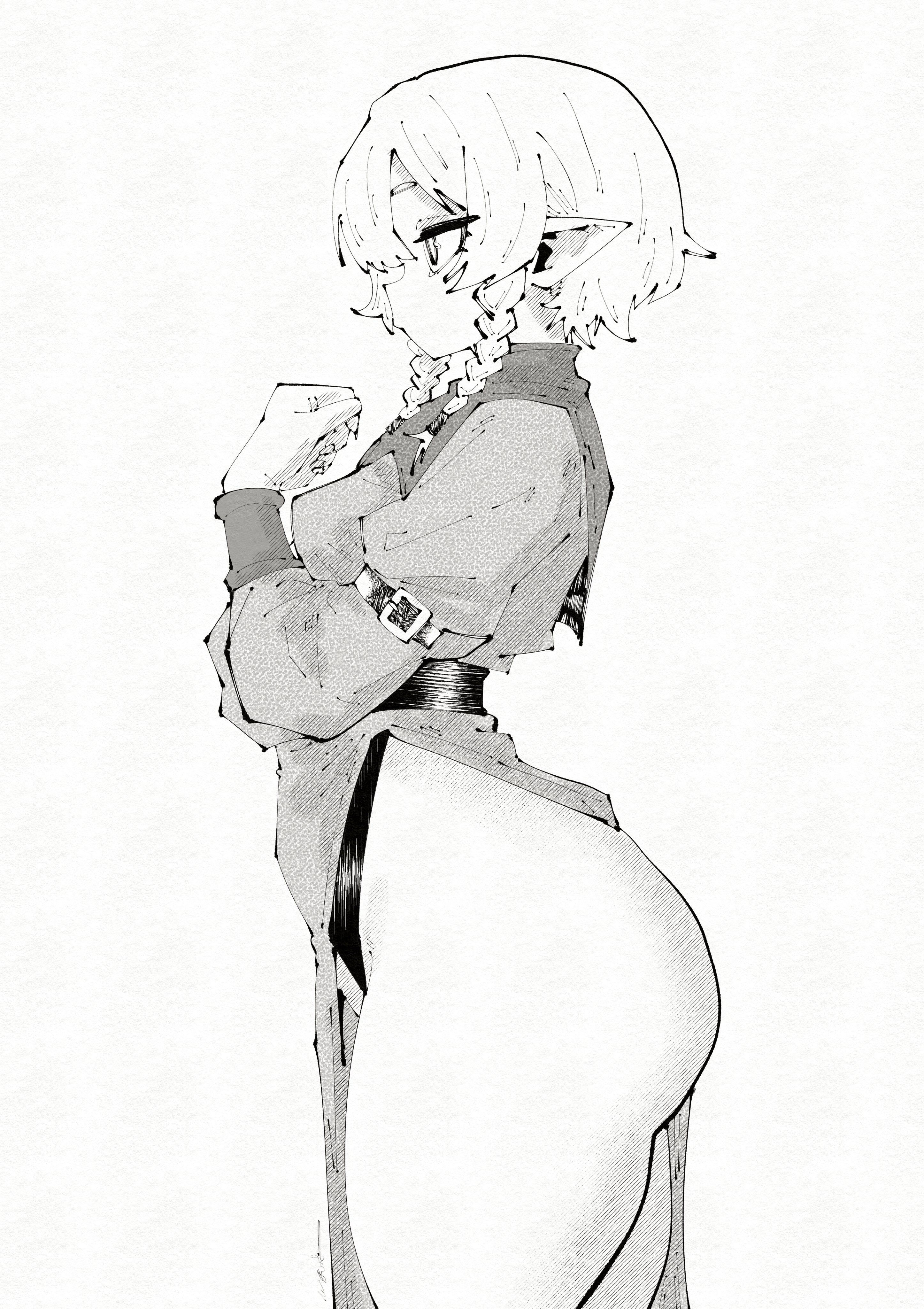 ass, bottom heavy, breasts, elf, elf ears, fat ass, female, female only, huge ass, miregeist, monochrome, short hair, side ass, side view, thick thighs