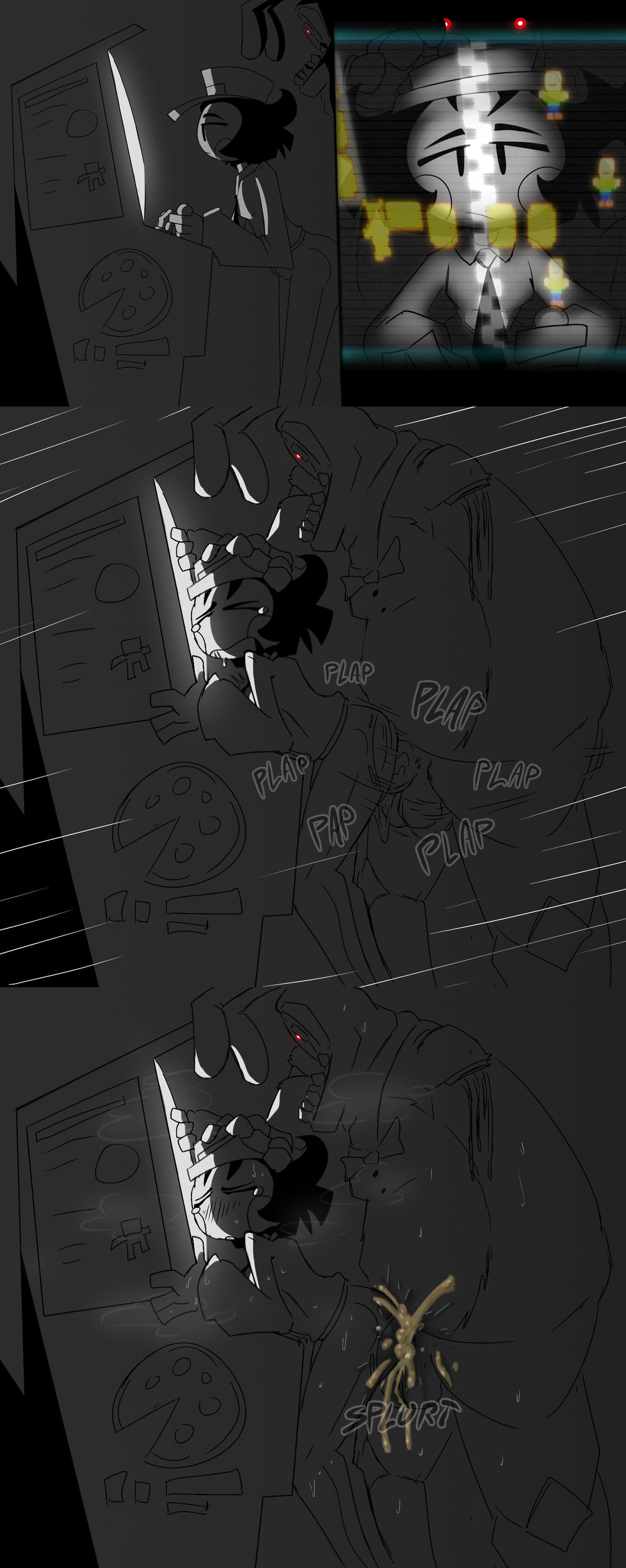 ahe gao, ahegao, ahegao face, algob4v, arcade, arcade machine, bav, big dom small sub, big penis, black hair, bonnie (fnaf), comic, cum, cum inside, cum leaking, cum overflow, cum overflowing, five nights at freddy's, five nights at freddy's 2, fnaf, from behind, from behind position, hand on head, hat, instant loss 2koma, linda (algob4v), massive penis, night guard (fnaf), open mouth, penetration, penetration from behind, penis, ripped clothing, ripped pants, security guard, straight, veiny penis, withered bonnie