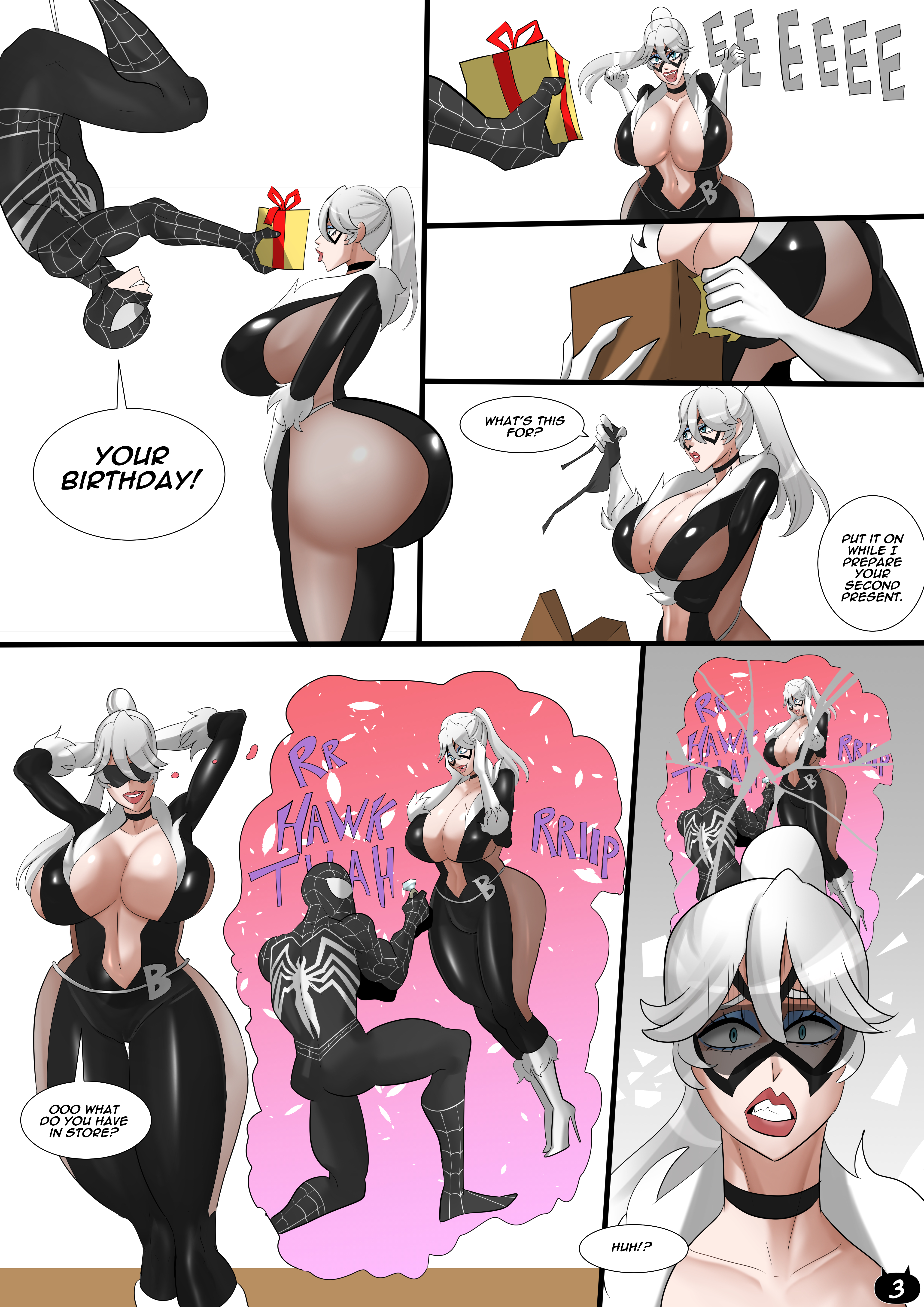 1boy1girl, antiheroine, ass bigger than head, big ass, big breasts, birthday, black cat (marvel), blindfold, boyfriend-girlfriend, bubble butt, cleavage, comic, comic page, dumptruck ass, excited, felicia hardy, female, hanging from ceiling, happy, hawk tuah, hourglass figure, huge ass, huge butt, imagining, junk in the trunk, large ass, light-skinned female, male, marvel, marvel comics, peter parker, present, proposal, revealing outfit, speech bubble, spider-man, spider-man (series), squealing, superhero, superheroine, thick thighs, thought bubble, venomarts00, wedding ring, white hair, zstorys22