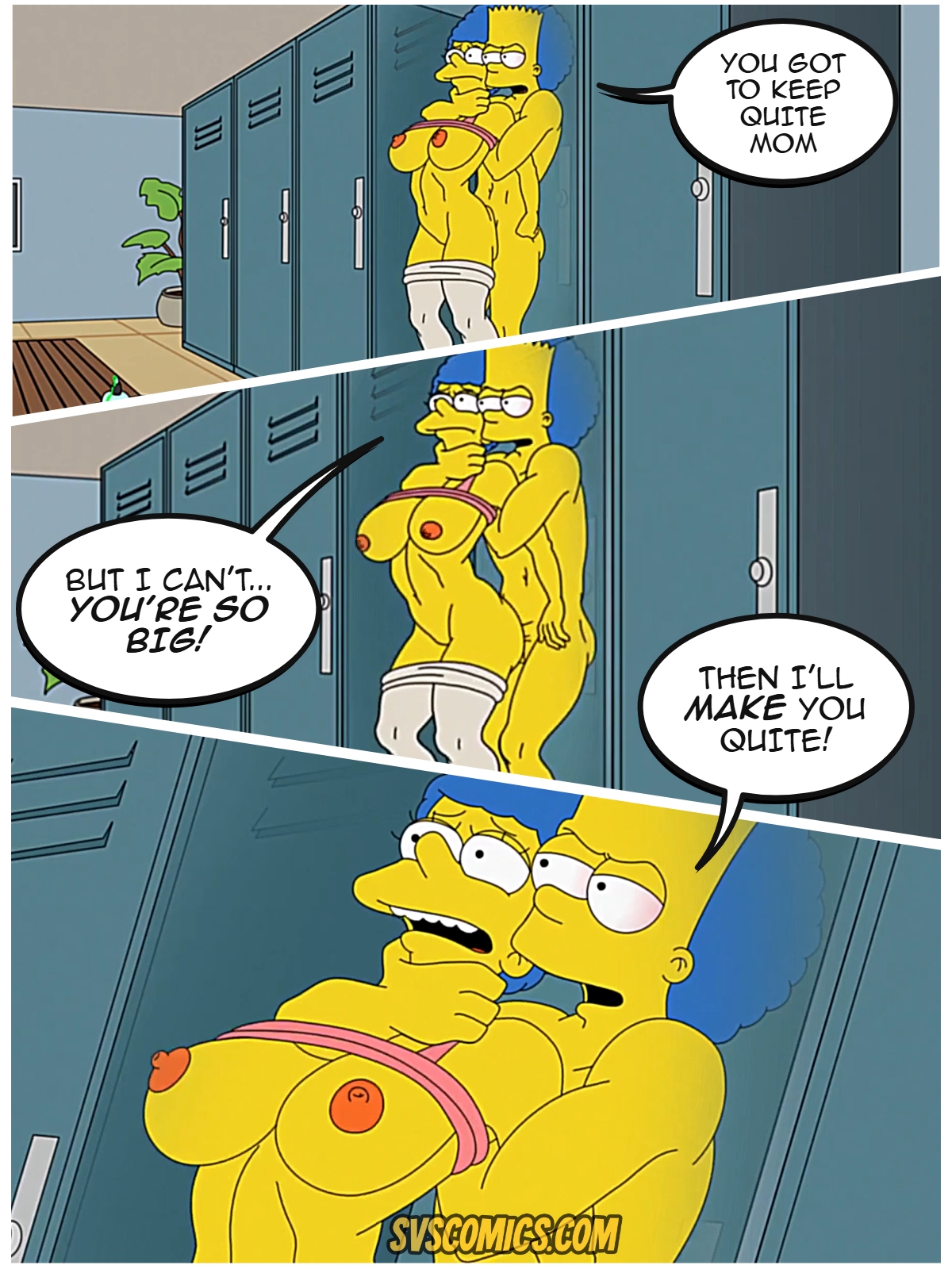 athletic, athletic female, athletic male, bart simpson, big breasts, blue hair, choking, from behind, from behind position, hardcore, incest, locker room, marge simpson, milf, mommy, mother, mother and son, nikisupostat, nipples, pantyhose, rough sex, sex, the simpsons, yellow body, yellow skin