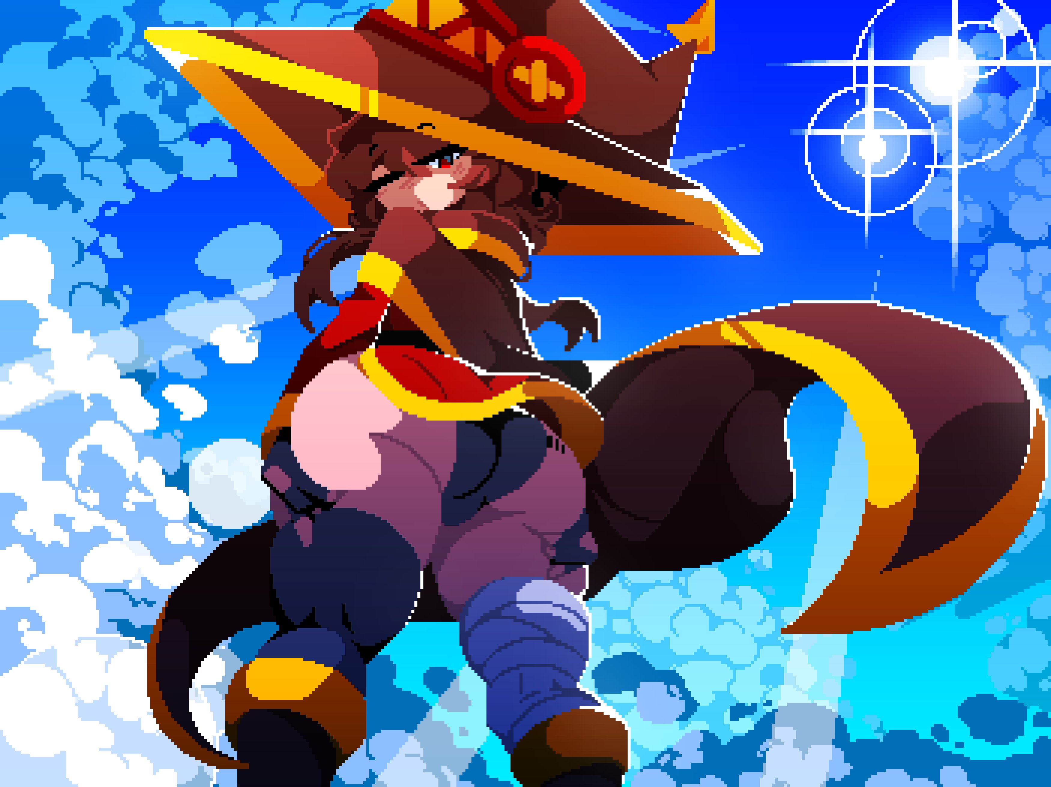 1girl, 1girls, 2d, 2d (artwork), alternate version available, ass, ass focus, ass support, back view, background sky, bandage, bandages, barcode, barcode on butt, big ass, big butt, blush, blush lines, blushing at viewer, blushing female, boots, brown clothing, brown hair, bubble ass, bubble butt, butt, butt focus, butt support, cape, clothed, clothed female, clothing, cloud, clouds, coat, curvaceous, curvaceous body, curvaceous female, curvaceous figure, curvy, curvy body, curvy female, curvy figure, curvy hips, detailed background, female, female focus, female only, fully clothed, gloves, grabbing ass, grabbing own ass, hair, hands on ass, hat, kono subarashii sekai ni shukufuku wo!, konosuba, large ass, large butt, legwear, light skin, light-skinned female, long hair, looking at viewer, megumin, one eye closed, panties, petite, petite body, petite female, pixel (artwork), pixel art, red clothing, red eyes, sexy, sexy body, sexy female, sexy pose, shortstack, sole female, solo, solo female, solo focus, tamaco, underwear, voluptuous, voluptuous body, voluptuous female
