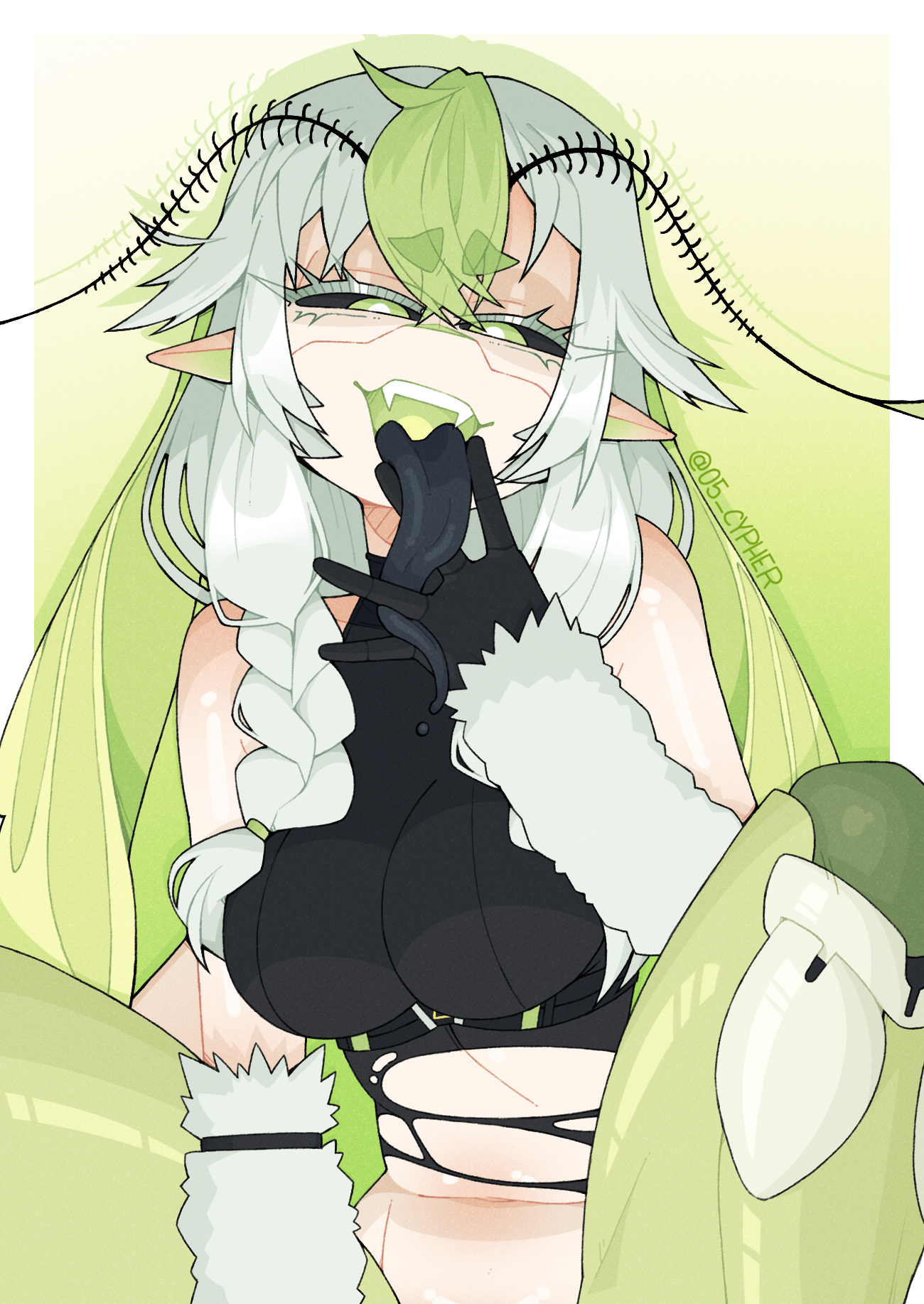 1girl, 1girls, antennae (anatomy), black eyes, black tongue, cypher 05, green iris, indie virtual youtuber, juniper actias, licking fingers, long tongue, monster girl, moth girl, pointed ears, suggestive gesture, suggestive look, tongue, tongue out, virtual youtuber, vtuber