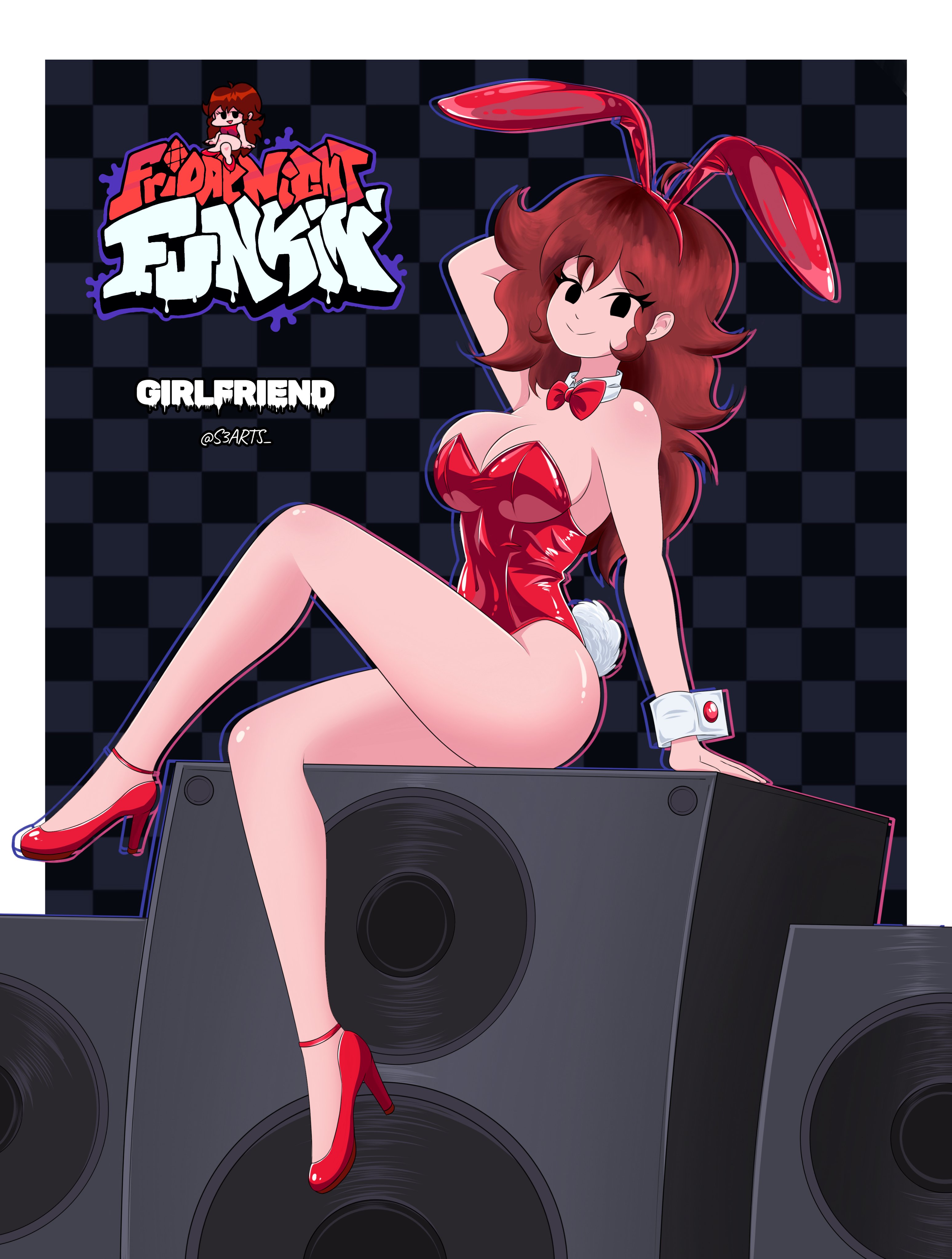1girl, animal ears, argyle, argyle background, auburn hair, bow, bowtie, breasts, bunny ears, bunny tail, bunnysuit, checkered, cleavage, detached collar, friday night funkin, girlfriend (friday night funkin), high heels, leotard, long hair, perspective, plaid background, red footwear, red hair, s3arts, sitting, solo, strapless, strapless leotard, tail, wrist cuffs