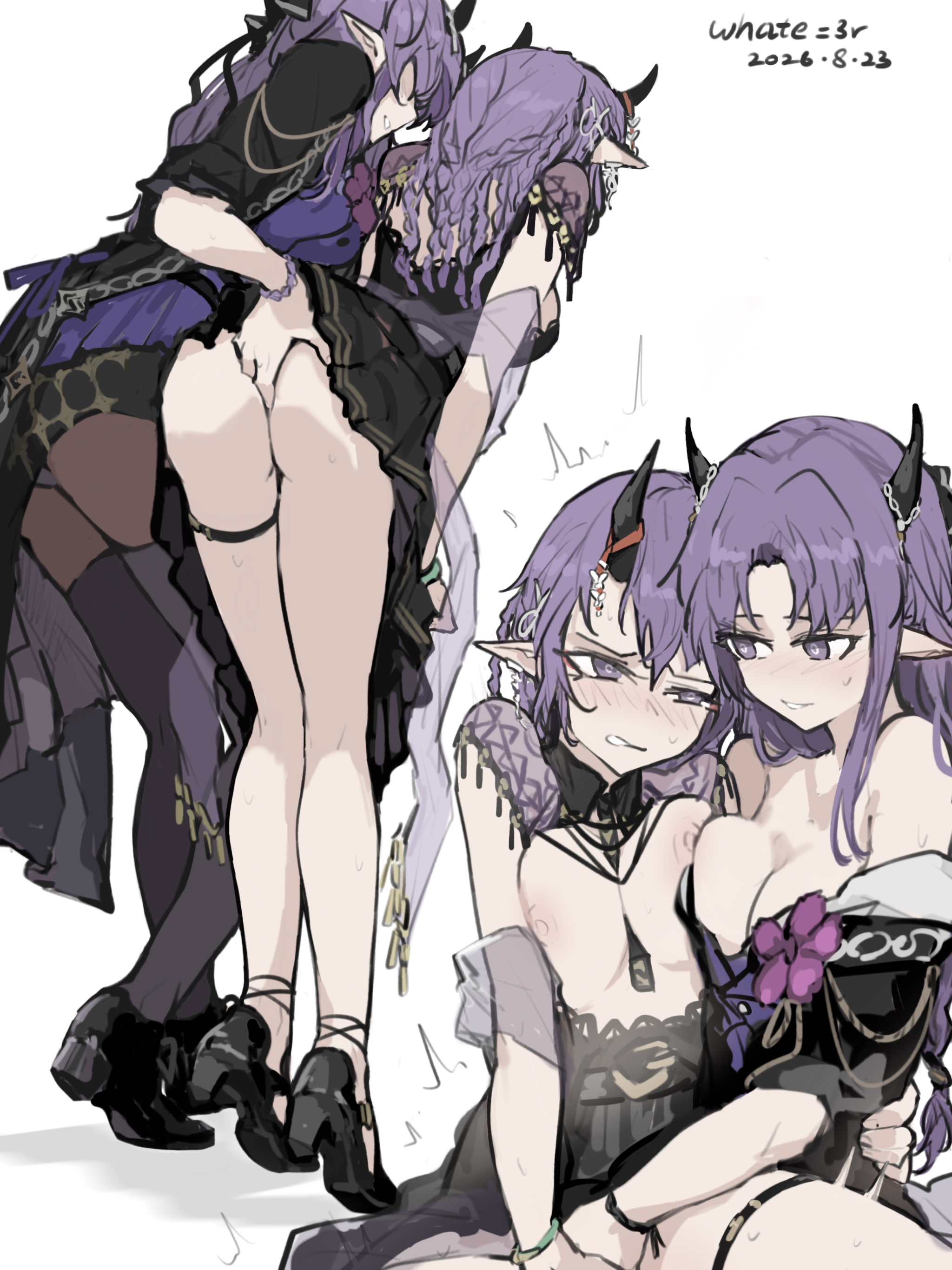 2girls, arknights, ass, blush, breasts, breasts out, butt, clenched teeth, demon girl, demon horns, female, female only, fingering, fingering partner, half-closed eye, hibiscus (arknights), hibiscus the purifier (arknights), horns, incest, lava (arknights), lifting skirt, long hair, o 0, orgasm, orgasm face, pointy ears, purple eyes, purple hair, siblings, sisters, whate=3r