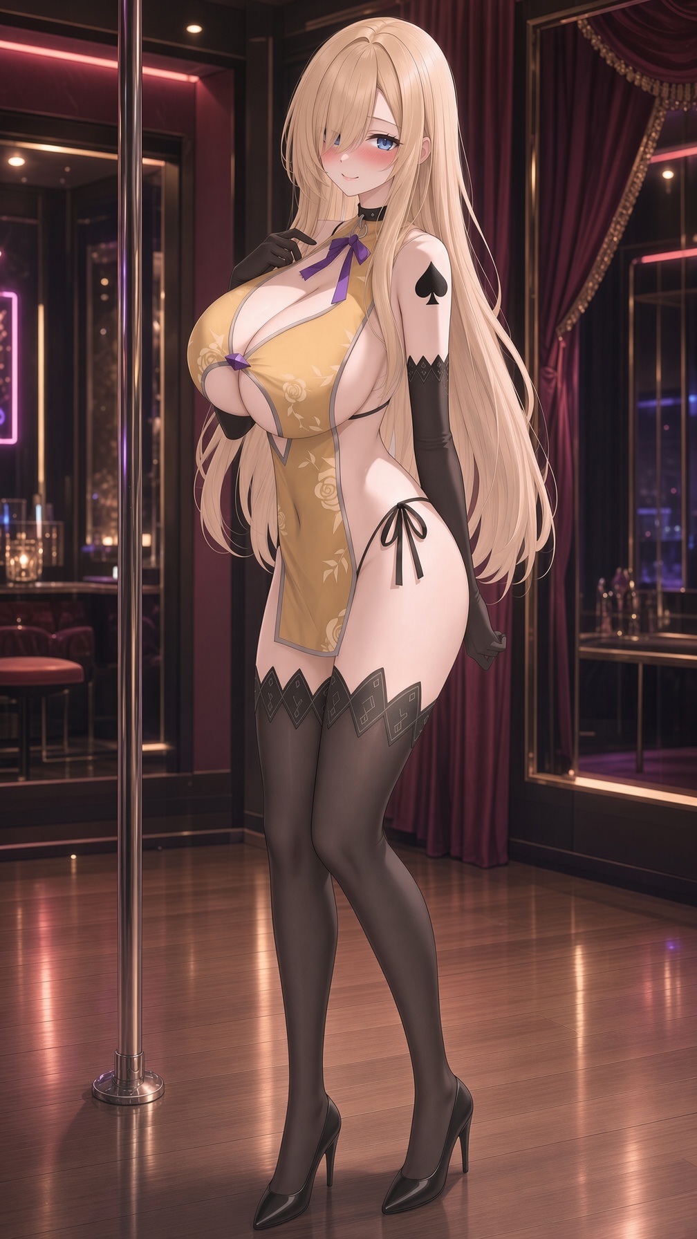 1girls, asuna (blue archive), bangs over one eye, beautiful, big breasts, blonde hair, blue archive, blush, breasts, cheongsam, china dress, chinese clothes, cleavage, collar, edited, female, female focus, female only, hair over one eye, high heels, huge breasts, ichinose asuna, large breasts, light-skinned female, long gloves, long hair, looking at viewer, no bra, qos, queen of spades, sexy, sexy body, sexy clothing, sexy female, sideboob, slutty dress, smile, snowbunny, solo focus, spade tattoo, stockings, string panties, tattoo, tattooed arm, thighs, underboob, underwear, white body