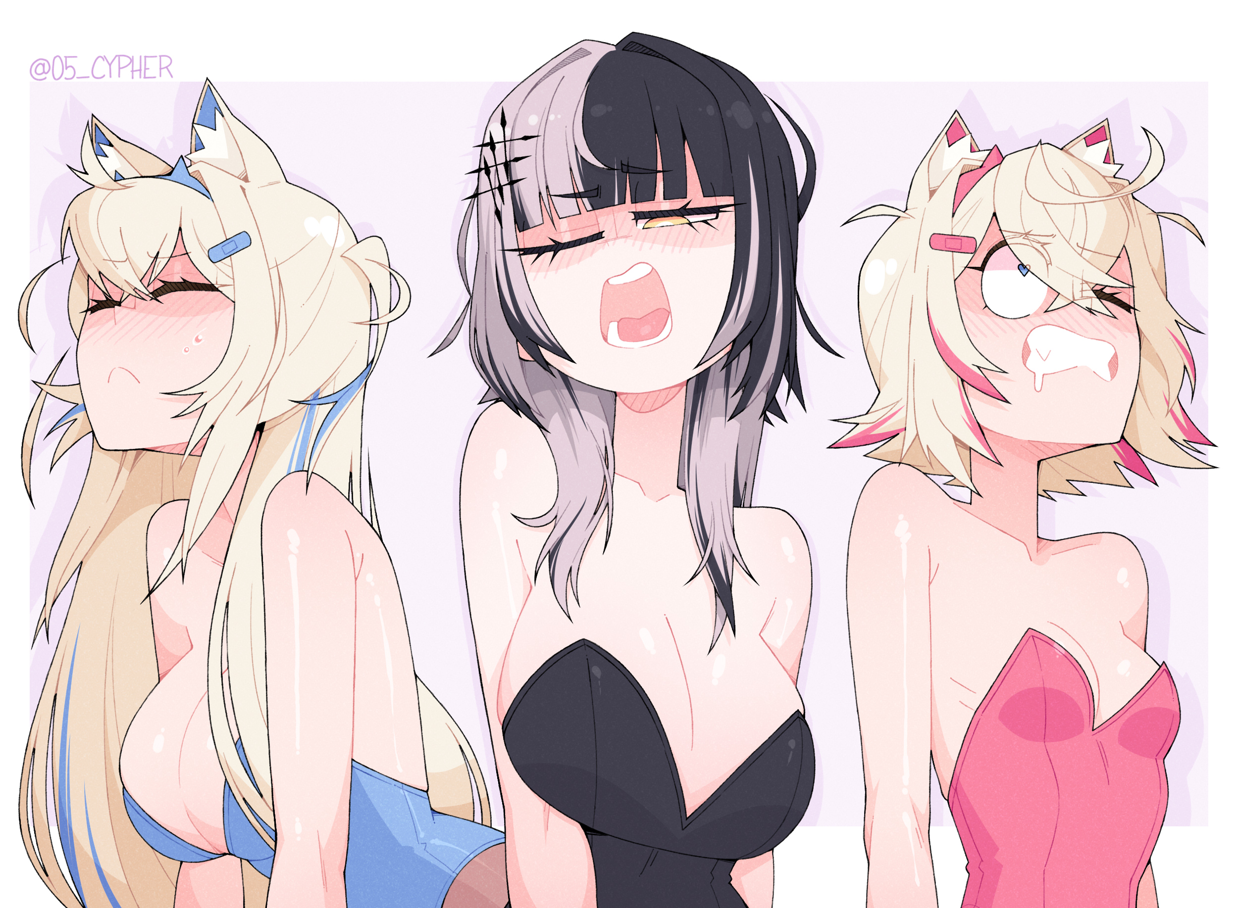 black and white hair, blonde hair, blue eyes, both eyes closed, cleavage, cypher 05, dog ears, fuwamoco, fuwawa abyssgard, goth girl, gritted teeth, heart-shaped pupils, hololive, hololive advent, hololive english, implied oral, large breasts, leotard, long hair, mococo abyssgard, off screen sex, one eye closed, open mouth, pleasure face, pleasured face, shiori novella, short hair, small breasts, virtual youtuber, vtuber, yellow eyes
