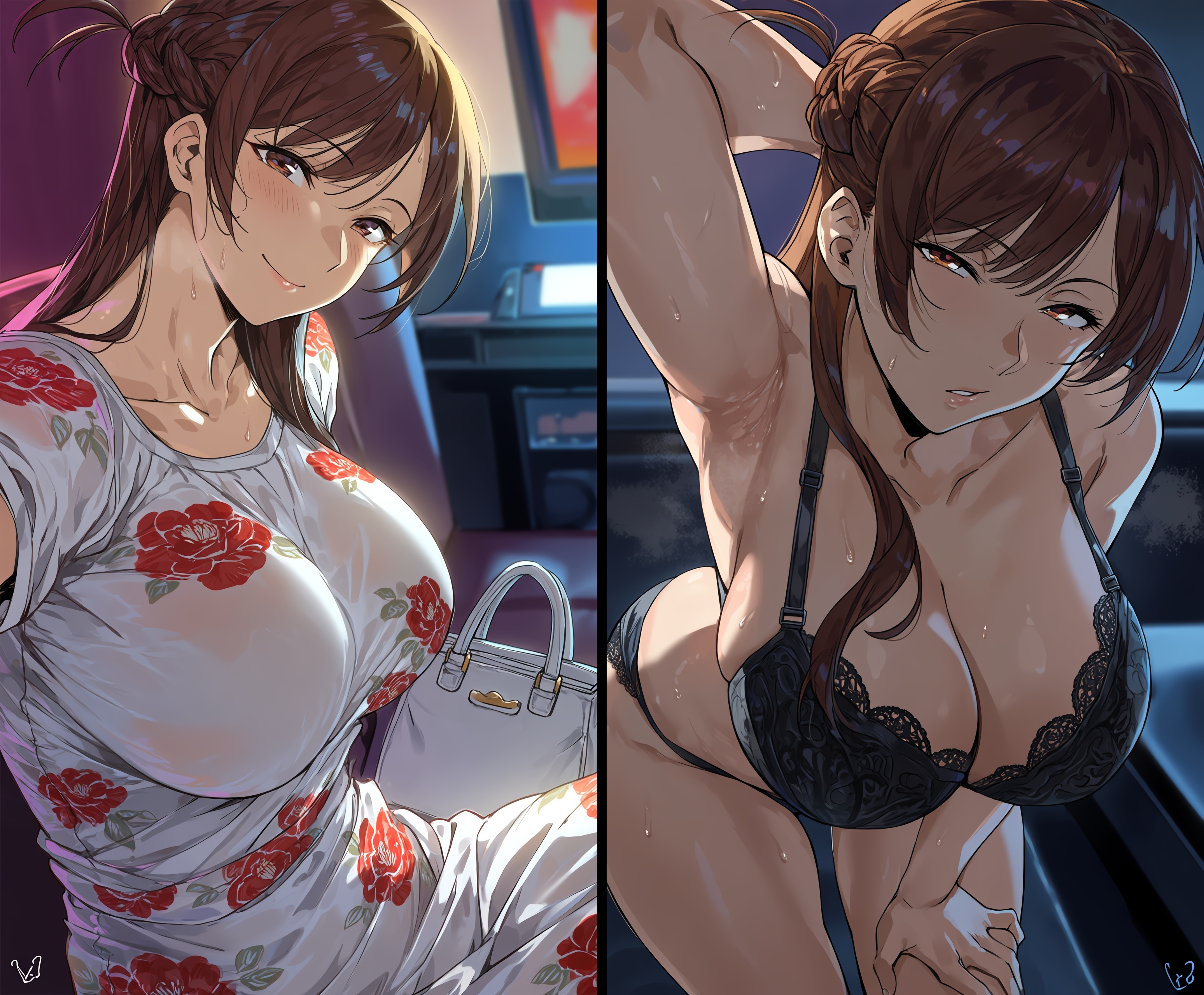 ai generated, before and after, black bra, black panties, dress, huge breasts, kanojo okarishimasu, lace bra, mizuhara chizuru, seductive look