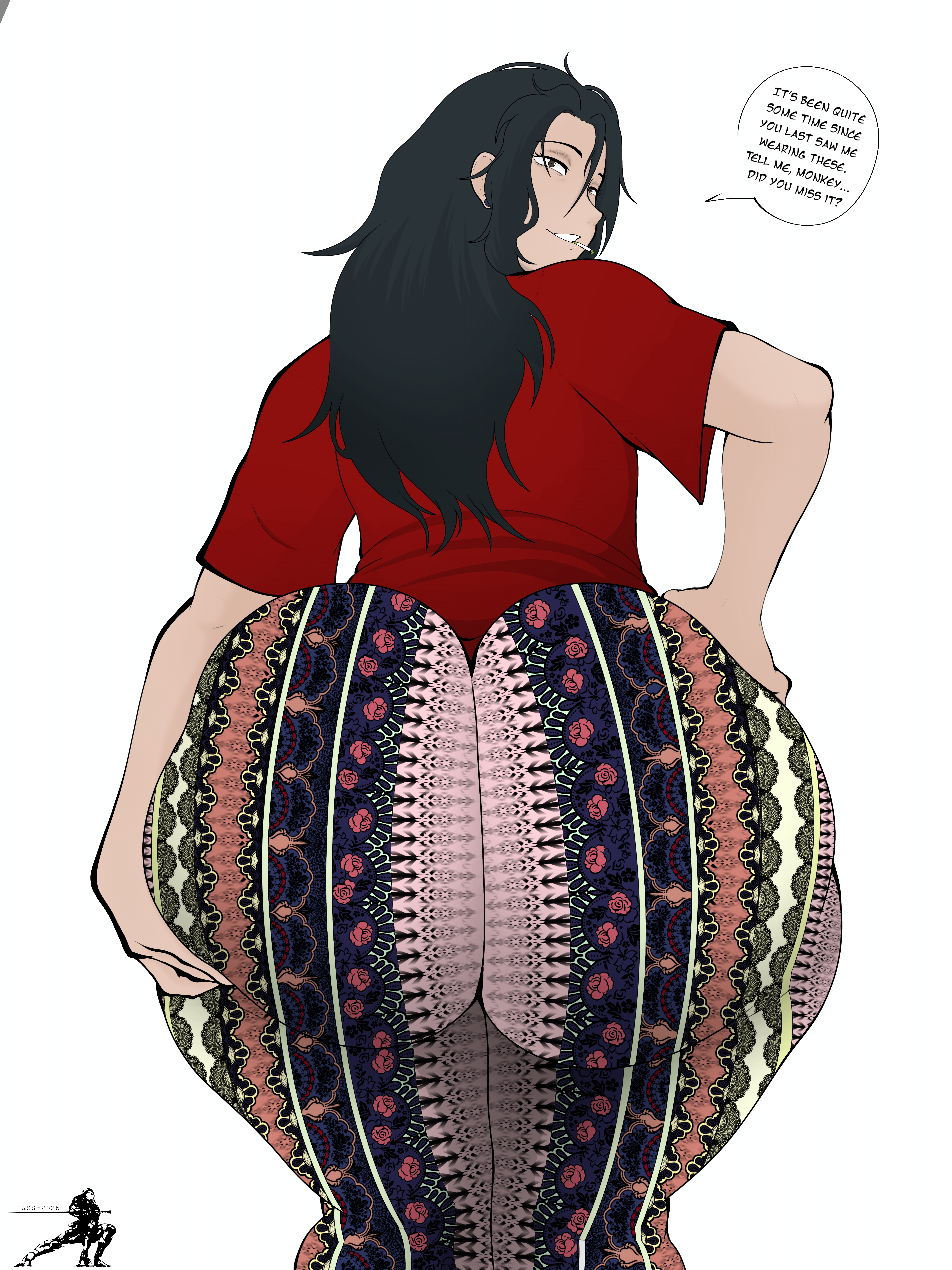 1boy, ass, ass focus, big ass, black hair, bubble butt, clothing, dialogue, fat ass, femboy, flare pants, forbidden pants, gluteal fold, hand on ass, hand on hip, hand on own ass, hassdr4w, huge ass, jujutsu kaisen, large ass, looking at viewer, looking back, male, male only, massive ass, pants, rear view, shirt, solo, suguru geto, talking to viewer, text, thick ass, thick thighs, thunder thighs, wide hips