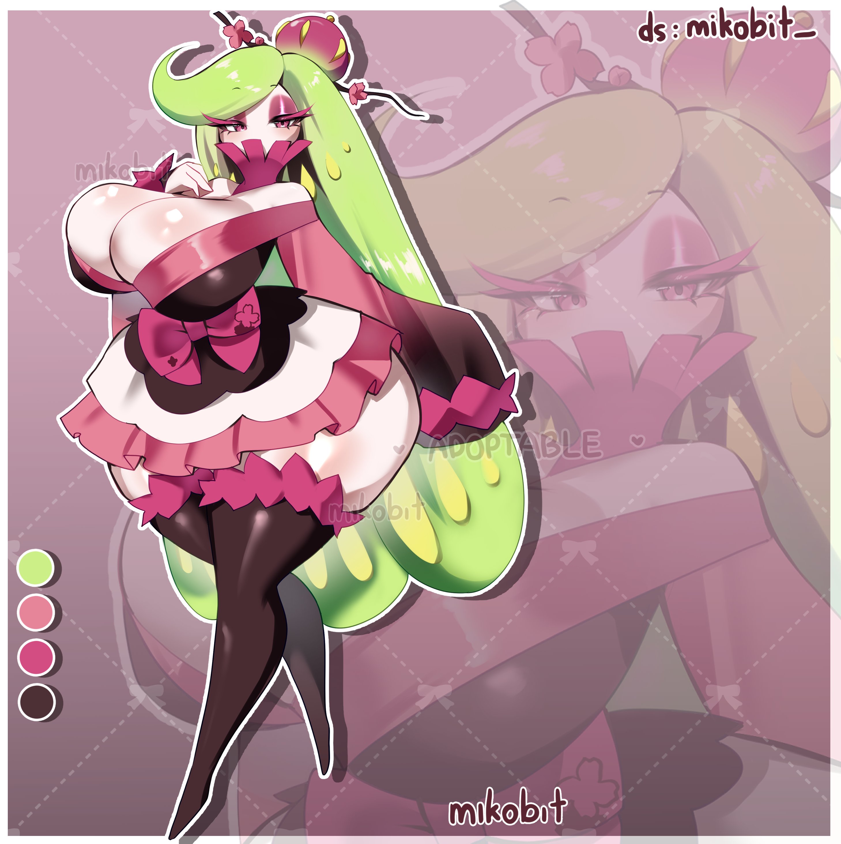 1girl, 1girls, artist request, big breasts, black legwear, bow, breasts, crown, full body, gen 7 pokemon, green hair, half-closed eyes, long hair, looking at viewer, mini crown, nintendo, pink bow, pokemon, pokemon (species), pokemon sm, skirt, solo, thighhighs, tsareena, very long hair