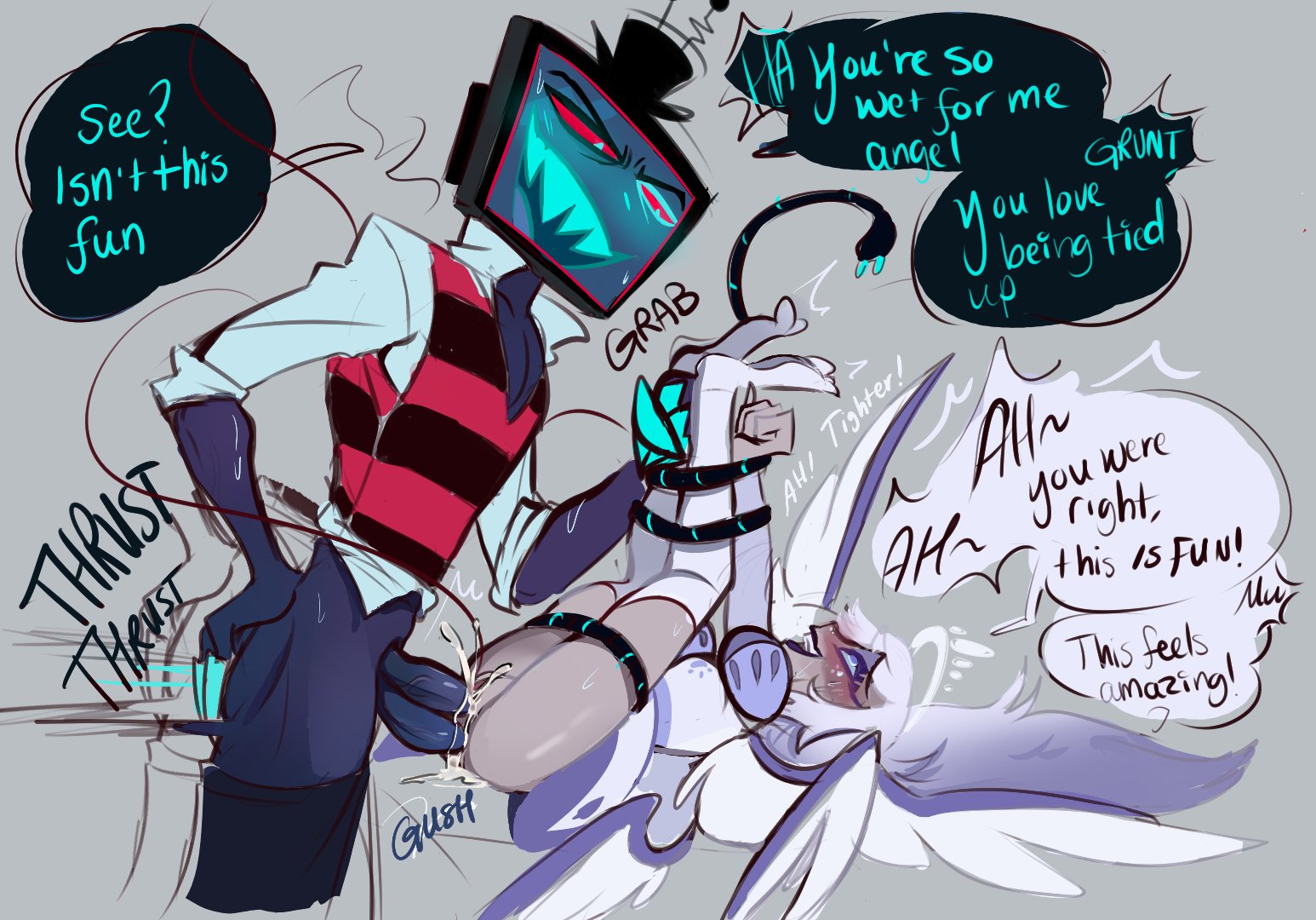 1boy, 1girl, anal sex, angel, angel wings, blush, bondage, cum, dialogue, dirty talk, double penetration, emily (hazbin hotel), english, english text, grabbing, hat, hazbin hotel, hellaverse, hetero, light bondage, male, multiple penises, partially clothed, penis, pinksartdump, straight, sweat, thrusting, tv head, two dicks, two penises, vaginal penetration, vaginal sex, vox (hazbin hotel), wings