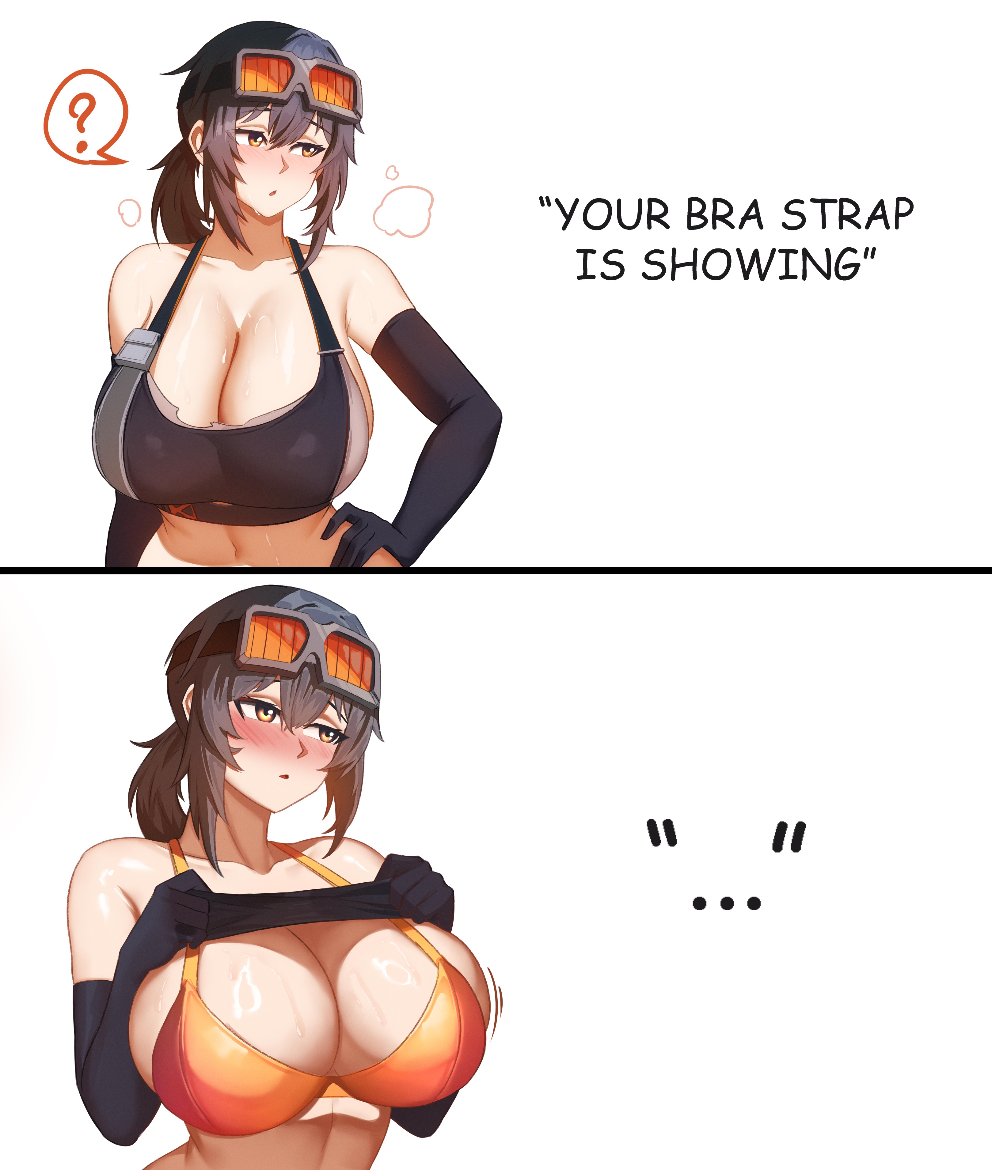 1girl, belobog heavy industries, big breasts, bra strap is showing (meme), breasts, grace howard, huge breasts, long hair, onepen, shirt lift, your bra strap is showing (meme), zenless zone zero