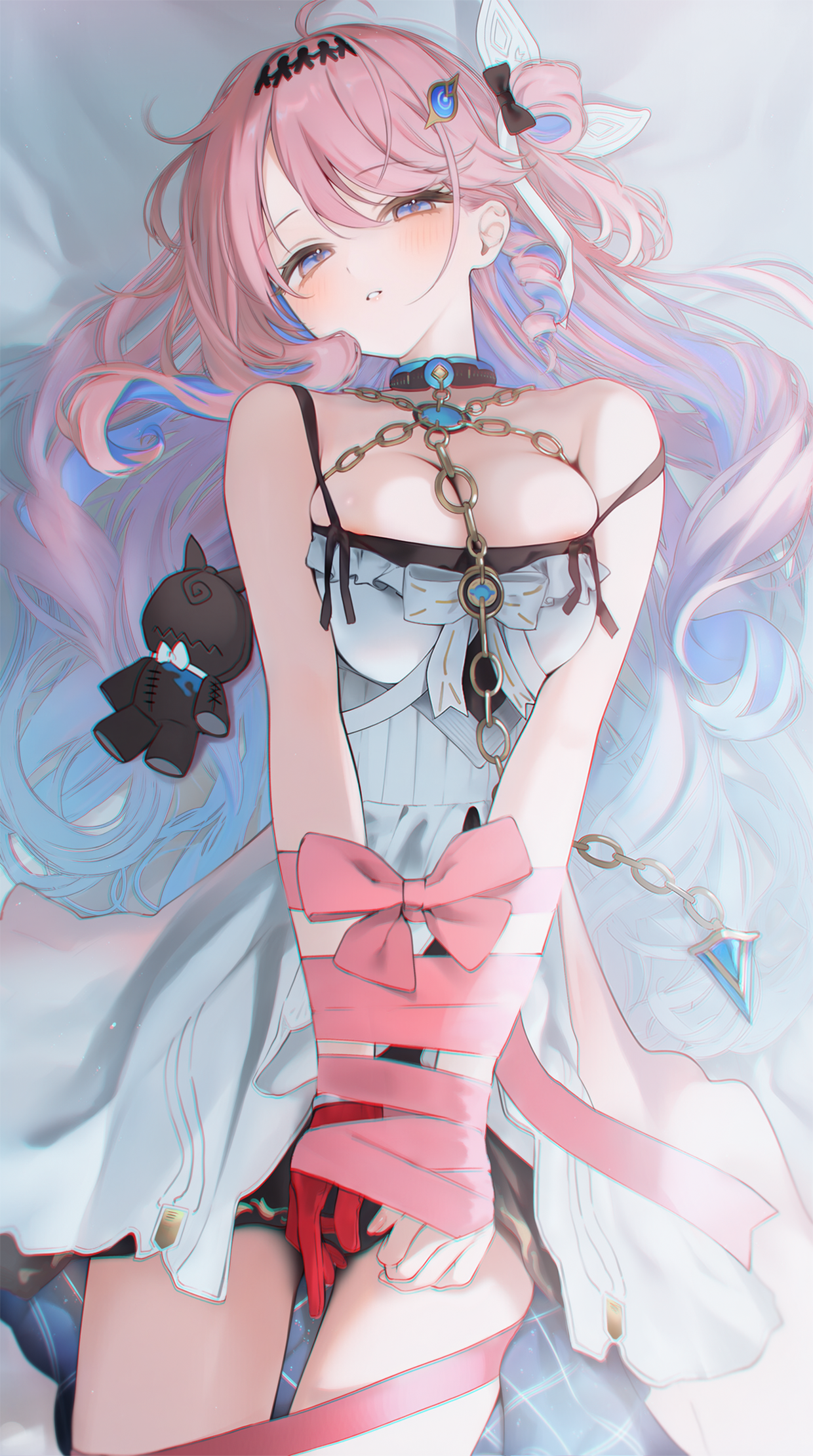 1girls, bare shoulders, bow, breasts, denia (wuthering waves), hair bow, highres, j0ch3fvj6nd, looking at viewer, lying, lying on bed, on back, on bed, pink hair, solo, thighs, wuthering waves