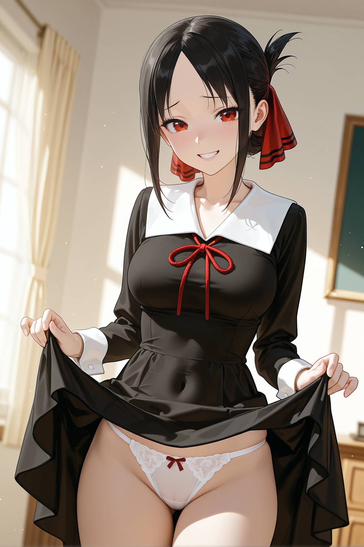 1girl, 2025, 2026, 4k, absurd res, absurdres, ai, ai art, ai assisted, ai generated, ai-created, ai-generated, alphai, anime, bangs, bare shoulders, black dress, black hair, blush, blushing, breasts, cinematic lighting, close-up, clothes lift, clothing, collarbone, colorful background, covered navel, curvy, curvy ass, curvy body, curvy female, curvy figure, curvy hips, depth of field, detailed hair, detailed skin, detailled background, dramatic shadows, dress, dress lift, dutch angle, eyelashes, eyeliner, female, female face, female focus, female only, folded ponytail, grin, hair ribbon, high quality, high resolution, highres, indoors, kaguya-sama wa kokurasetai ~tensai-tachi no renai zunousen~, large breasts, lifted by self, long sleeves, looking at viewer, naughty face, nsfw, panties, parted bangs, particles, patreon, patreon link, patreon url, patreon username, raised eyebrows, red eyes, red ribbon, ribbon, school uniform, seductive eyes, shinomiya kaguya, shuuchiin academy school uniform, sidelocks, skindentation, smile, solo, thighs, uncensored, underwear, volumetric lighting, watermark, white panties
