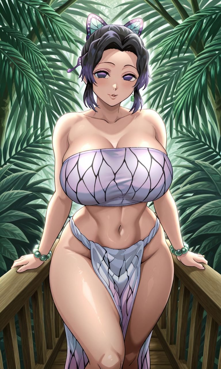 1girls, ai generated, big breasts, big thighs, cave girl, cavegirl, cavewoman, crop top, curvy, curvy body, curvy female, curvy figure, curvy hips, curvy thighs, demon slayer, female, female only, hips, huge breasts, jungle, jungle girl, kimetsu no yaiba, kochou shinobu, kyoru189, large breasts, looking at viewer, looking down, looking down at viewer, mature female, midriff, seductive, seductive look, shiny, shiny skin, solo, solo female, tarzan, thighs