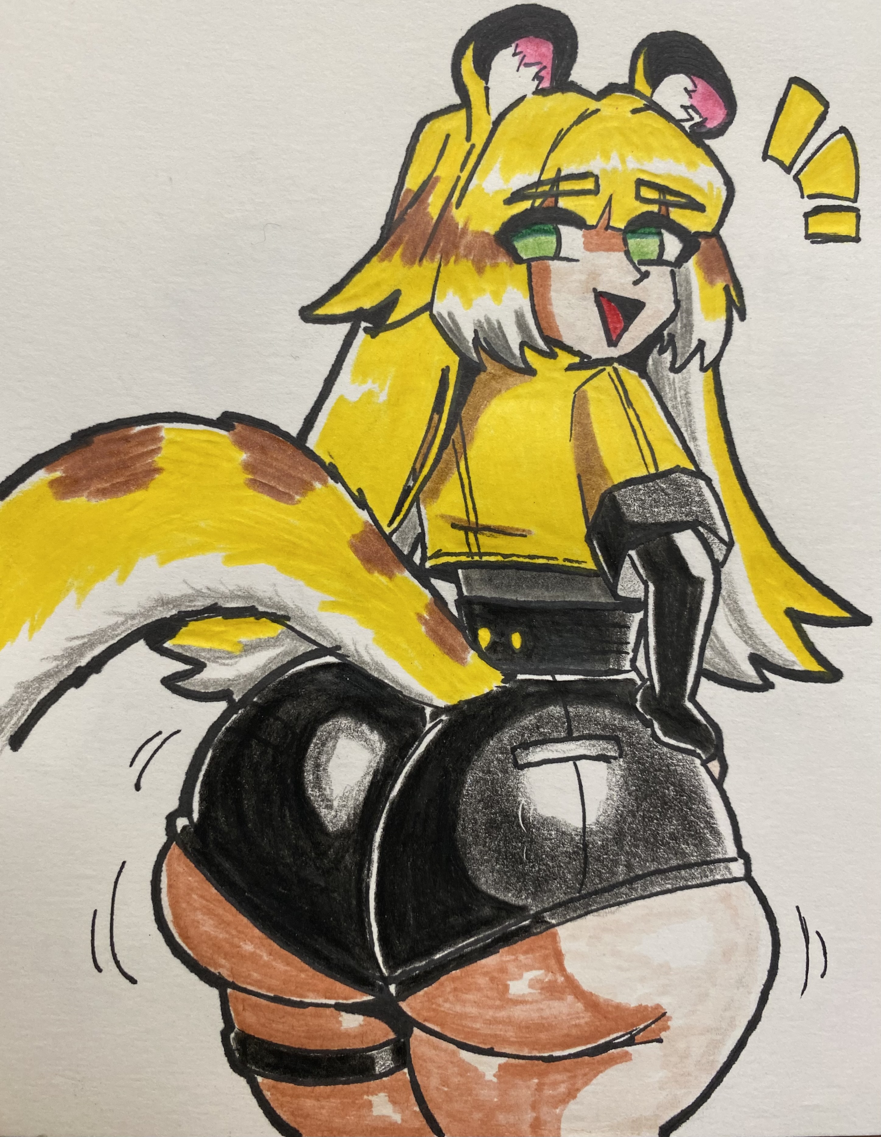 1girls, ass, ass focus, booty shorts, bottom heavy, dumptruck ass, female, female focus, female only, green eyes, hoyoverse, huge ass, ju fufu, ju fufu (zenless zone zero), light-skinned female, looking at viewer, looking back, obi almighty, pear shaped, pear shaped female, peekaboo hair, smug expression, solo, solo female, solo focus, thick thighs, thigh strap, thiren, tiger ears, tiger girl, tiger tail, traditional art, traditional media, traditional media (artwork), voluptuous female, yellow hair, zenless zone zero