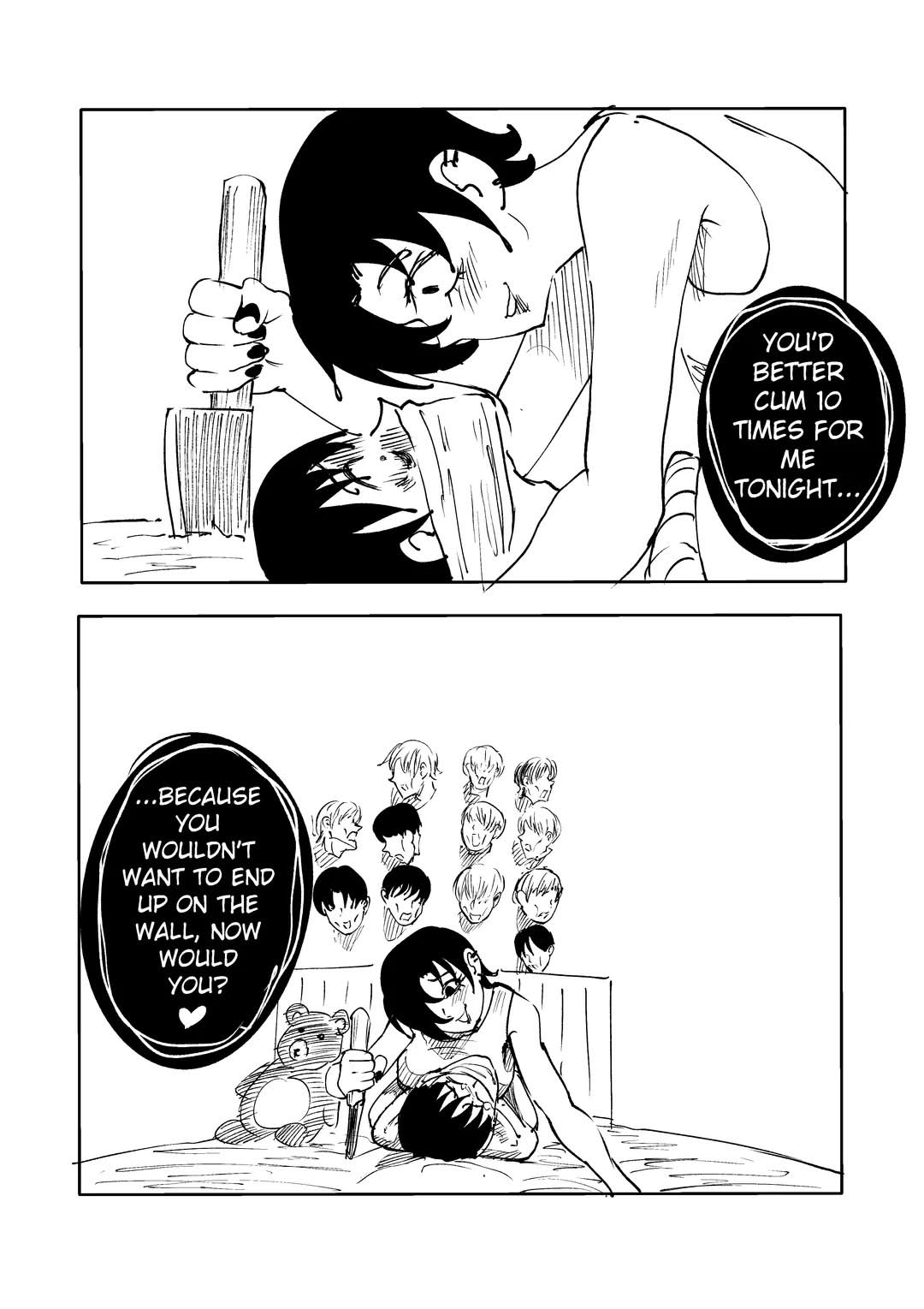 artist request, bed, black and white, crazy eyes, crazy smile, decapitation, female yandere, gagged, headless male, imminent rape, imminent sex, knife, male victim, murderer, pinned down, pinned to bed, reverse rape, serial killer, simple background, teddy bear, text, text bubble, threatening, yandere