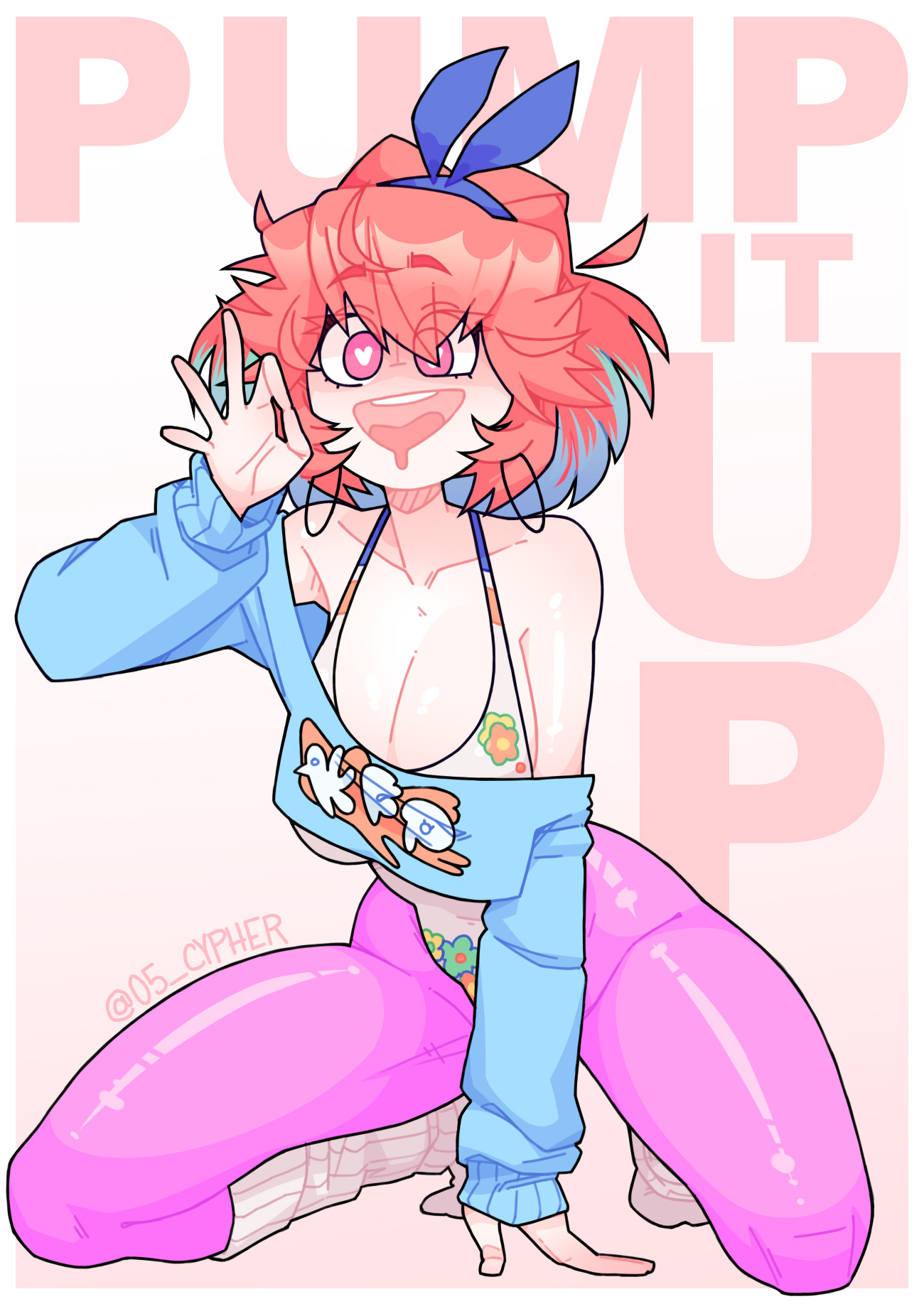 1girl, 1girls, blowjob gesture, cleavage, cypher 05, drool, drool string, drooling, earring, earrings, exercise clothing, headband, heart-shaped pupils, hololive, hololive english, hololive myth, hoop earrings, large breasts, orange hair, pink eyes, pink leotard, takanashi kiara, takanashi kiara (fever night), virtual youtuber, vtuber