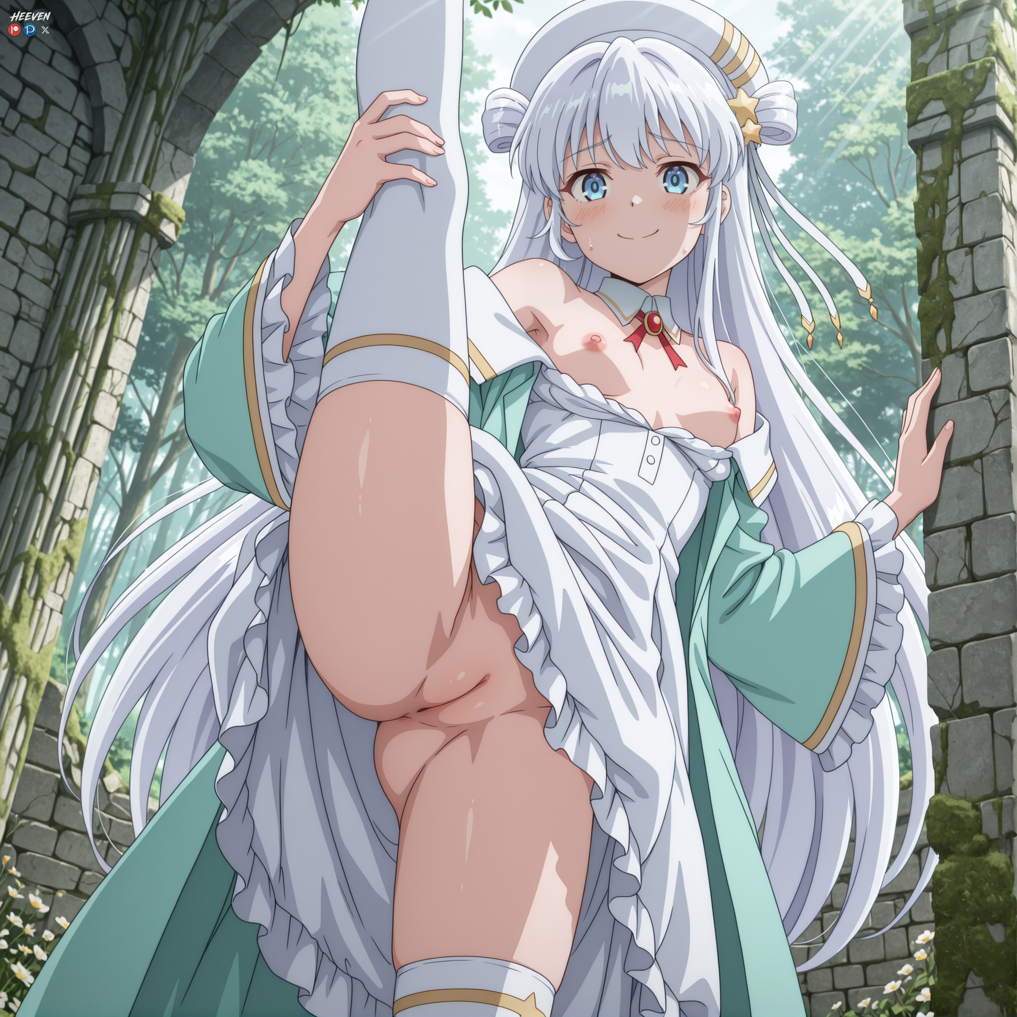 1boy, 1girl, absurdres, adult, ai assisted, ai generated, anus, bangs, bare shoulders, big breasts, blue eyes, blush, breasts, cleft of venus, closed mouth, day, dia viekone (ansatsu kizoku), double bun, dress, explicit, female, frilled sleeves, frills, hair bun, hair ornament, hat, heeven, highres, leg lift, leg up, long hair, long sleeves, looking at viewer, male, mature, nipples, no panties, outdoors, patreon, patreon username, perfect body, pussy, small breasts, smile, solo, split, spread legs, standing, standing on one leg, standing split, the worlds finest assassin gets reincarnated in another world as an aristocrat, thighhighs, tree, uncensored, white dress, white hair, white headwear, white thighhighs, wide sleeves