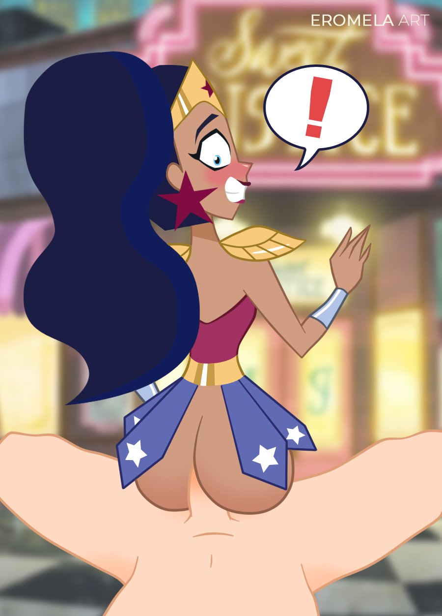 1boy 1girls ass big_ass buttjob dark-skinned_female dc_comics dc_super_hero_girls diana_prince eromelaart female_focus interracial light-skinned_male looking_at_viewer looking_back male/female no_panties partial_male pov rear_view sentones straight wonder_woman wonder_woman_(series)