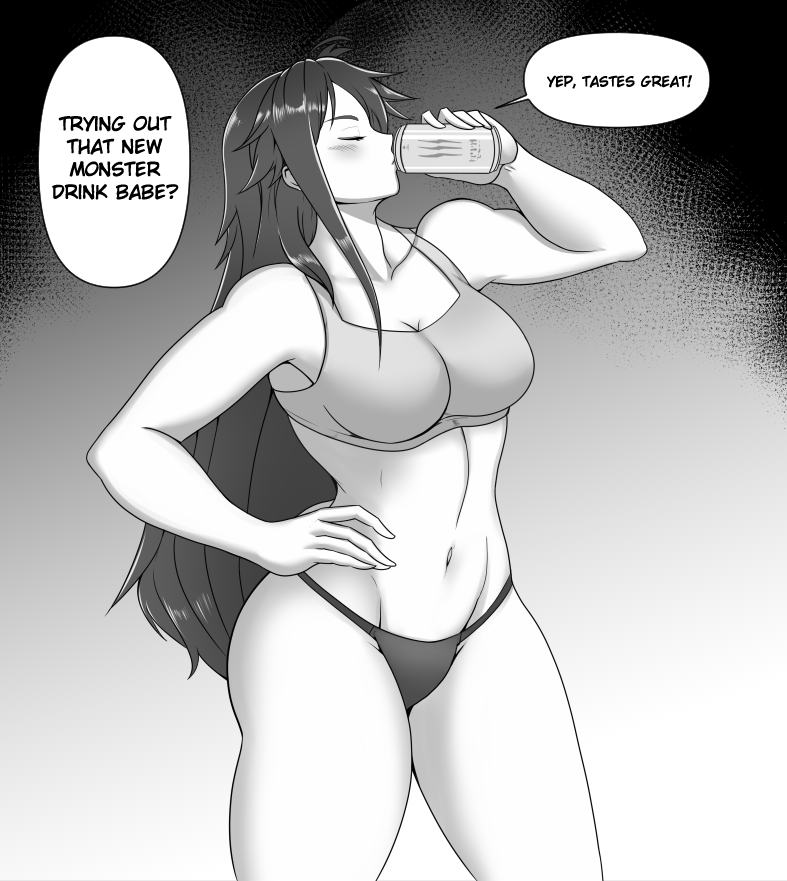 1girls english_text female female_focus female_only flanc20 large_ass large_breasts monsterification muscle_growth muscular_female navel pre-transformation solo_female sportswear text transformation