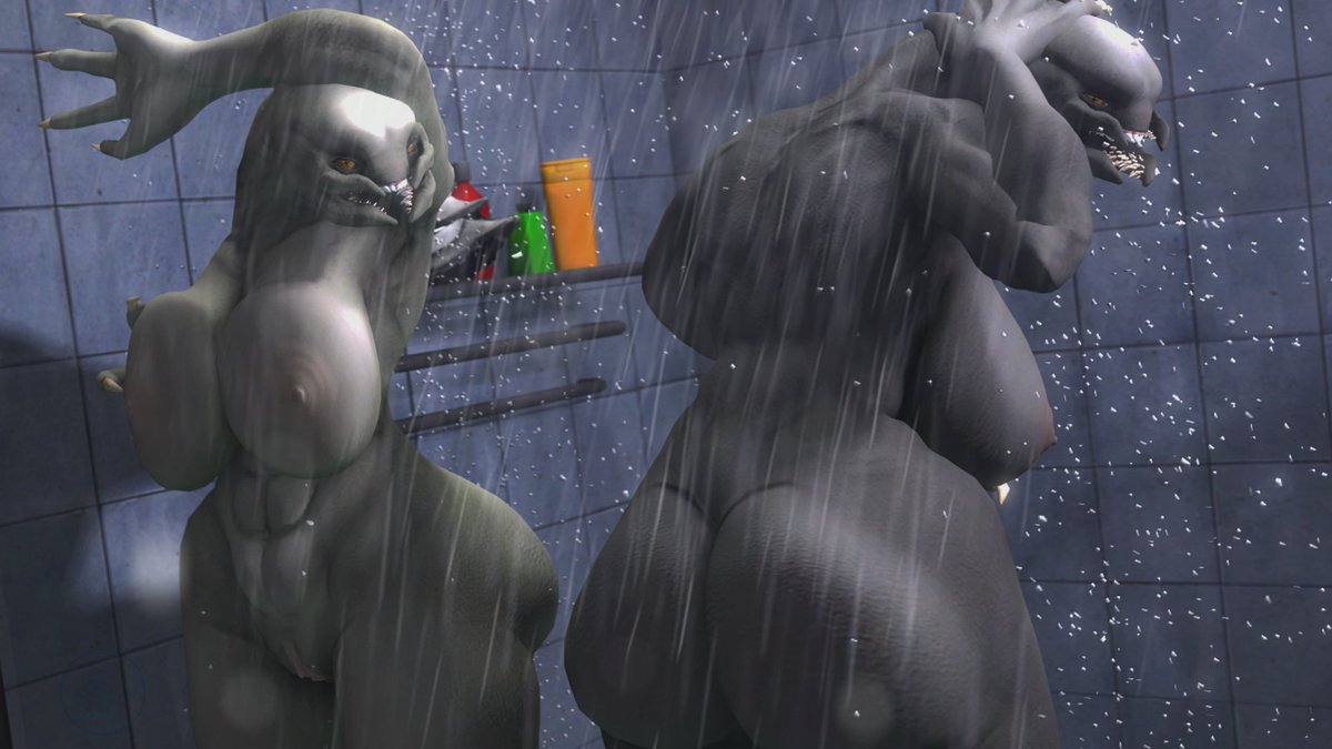 2girls, 3d, alien, alien girl, ass, big ass, big breasts, breasts, female, female sangheili, halo (series), operatorhu3 (artist), sangheili, shower, tagme