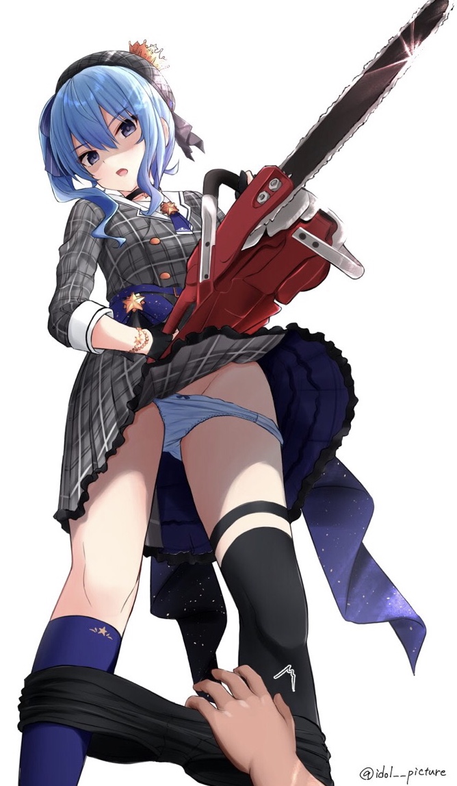 blue_hair chainsaw hololive hololive_gen_0 hololive_japan hoshimachi_suisei panties skirt virtual_youtuber